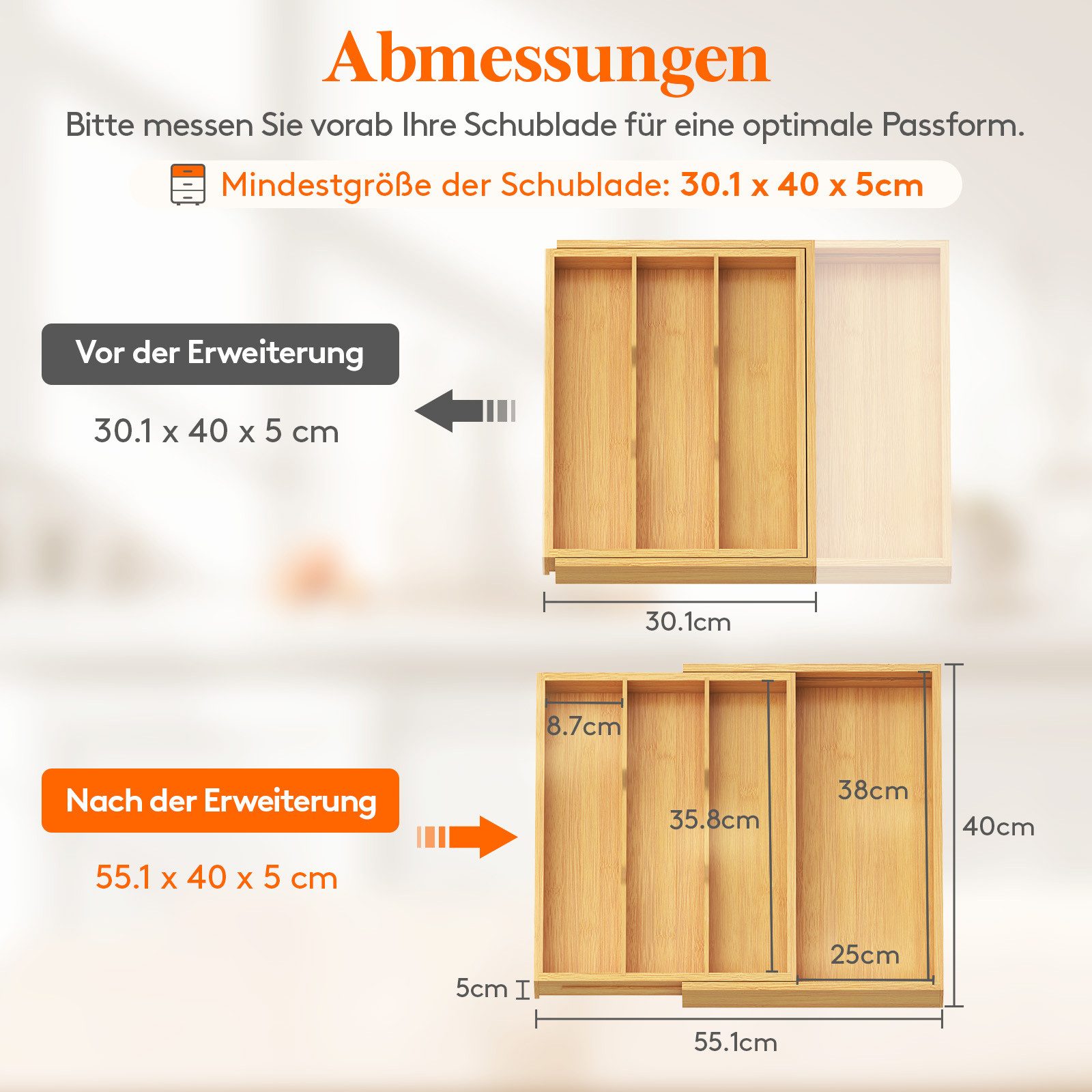 Lifewit Besteckeinsatz Naturfarbe Erweiterbarer Besteckaufbewahrung 3-4 günstig online kaufen