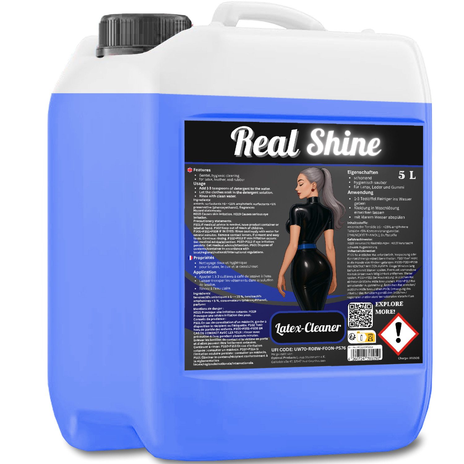 Optimal Products die bessere Lösung Real Shine Latex-Cleaner Spezialwaschmittel (5 Liter Kanister Für Glanzoptik und Entkeimung bei schonendem Waschvorgang)
