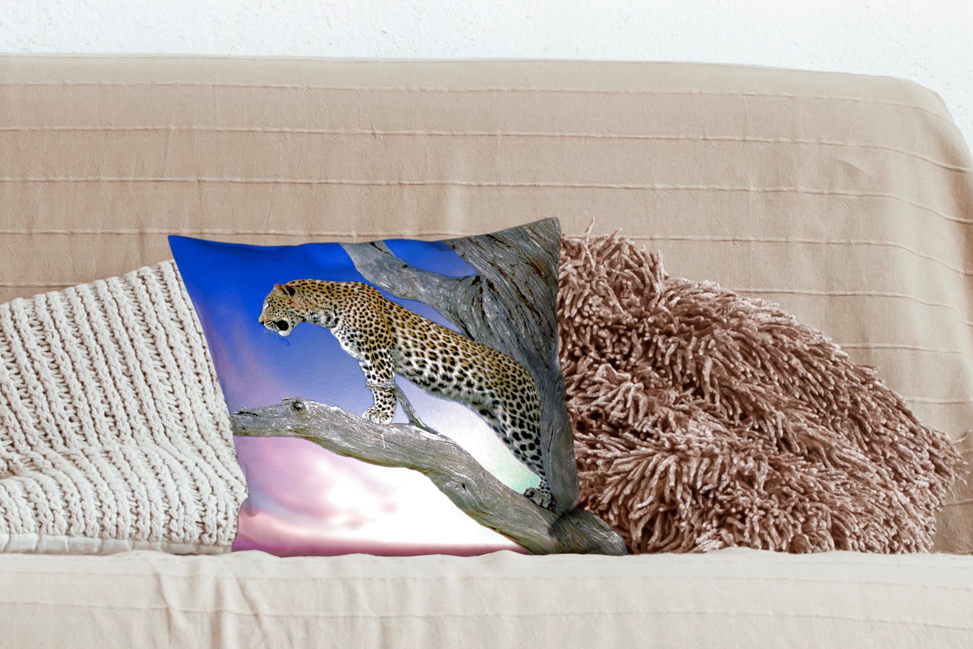 Baum - Wohzimmer, Zweig, Sofakissen Zierkissen Schlafzimmer, für Leopard mit MuchoWow - Deko, Füllung Dekokissen