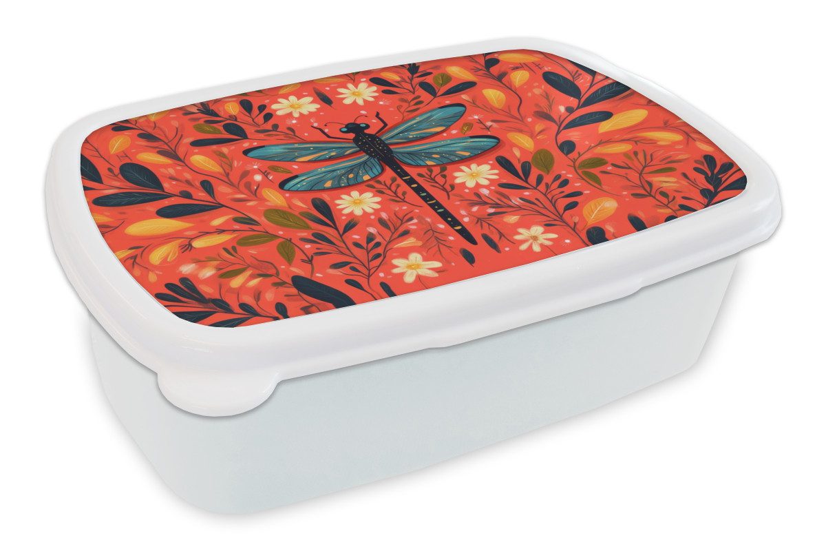 MuchoWow Lunchbox Libelle - Blau - Flügel - Blätter, Kunststoff, (2-tlg), Brotdose Schule oder Arbeit, Brotbox für Kinder und Erwachsene