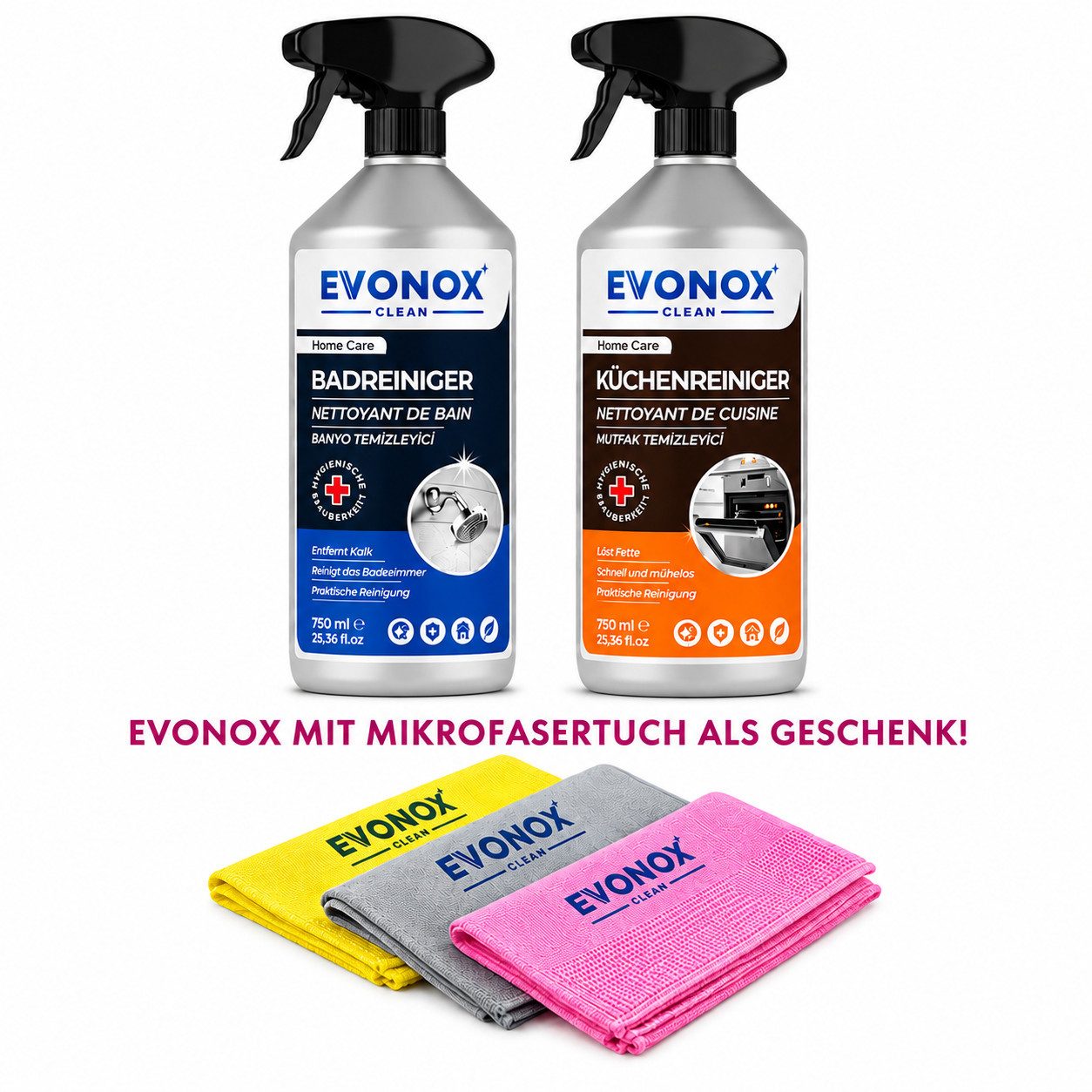 EVONOX KÜCHEN & BADREINIGER SET 750+750ml–GEGEN FETT & KALK + MIKROFASER-TUCH Allzweckreiniger (Praktische Reinigung auf Natürliche Weise)