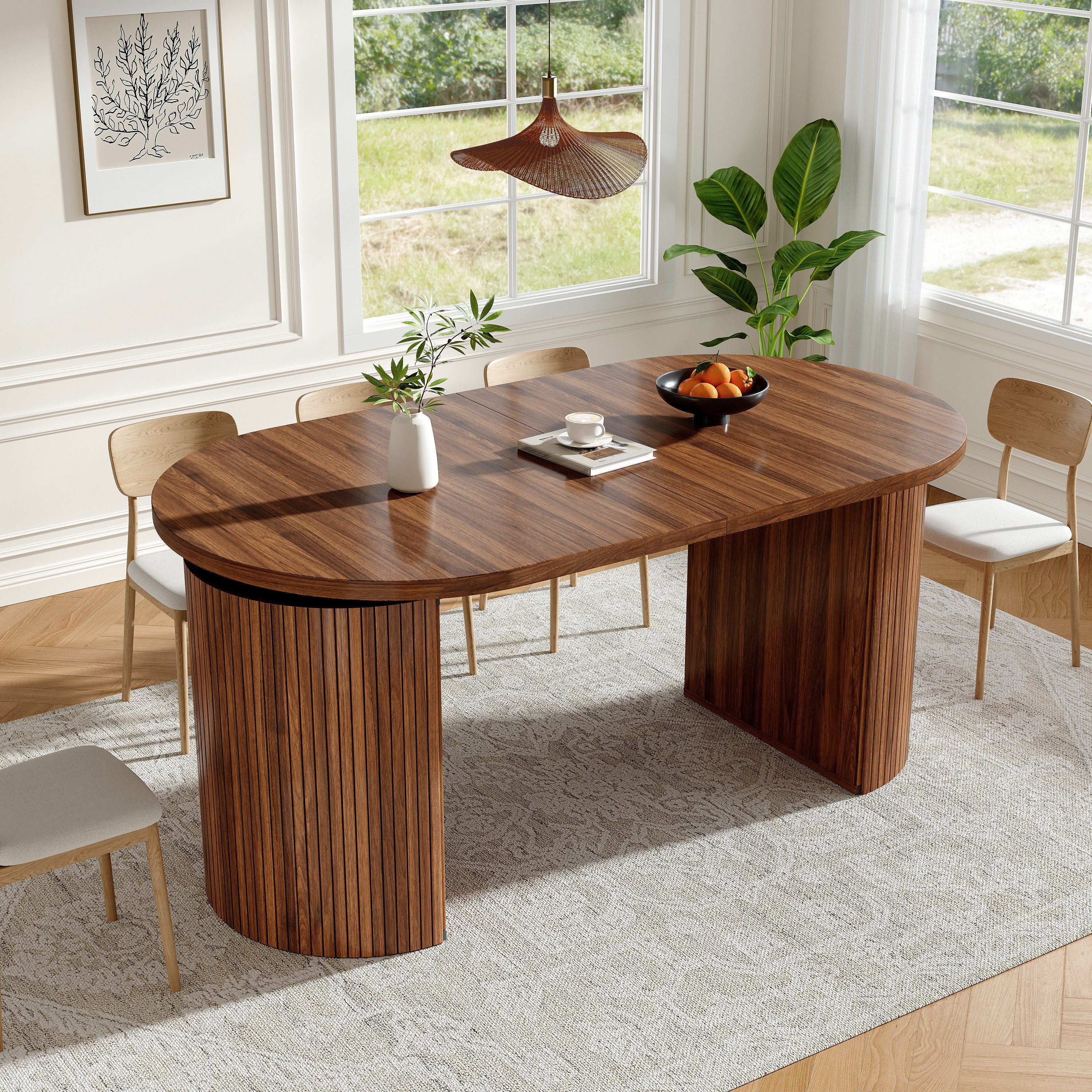 STILVORA Esstisch in Nussbaum Ausziehbarer Küchentisch mit verstecktem Staufach (Ausziehbar, MDF-Tischplatte, Naturbraun, verstecktes Staufach, Vertikale Rillenbeine, stabil, werkzeuglos, 4 Nutzungsmodi), Für Küche, Wohnzimmer, Arbeitszimmer und kleine Räume