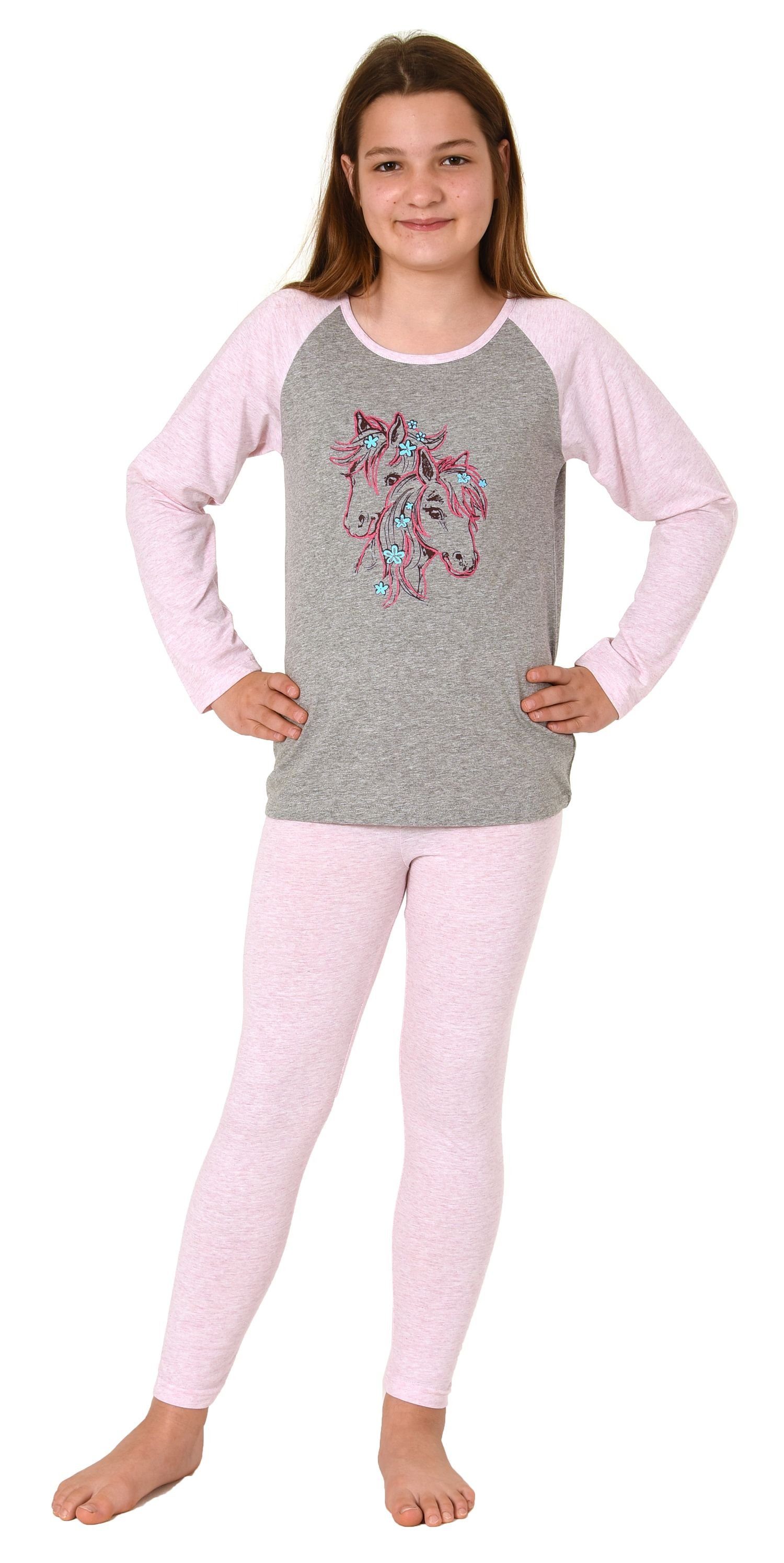 Normann Pyjama Mädchen Schlafanzug langarm, Pyjama mit süßem Pferde-Motiv grau