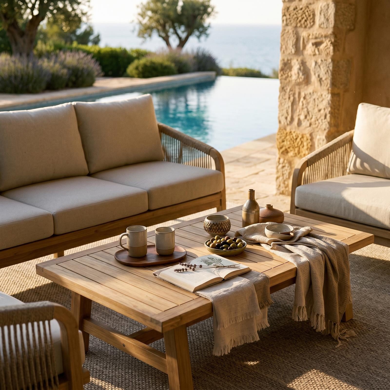 IDIMEX Gartenlounge-Set SANYA, (4-tlg), Outdoorset aus massivem Akazienholz 4-teilig mit Polstern Natur/Beige