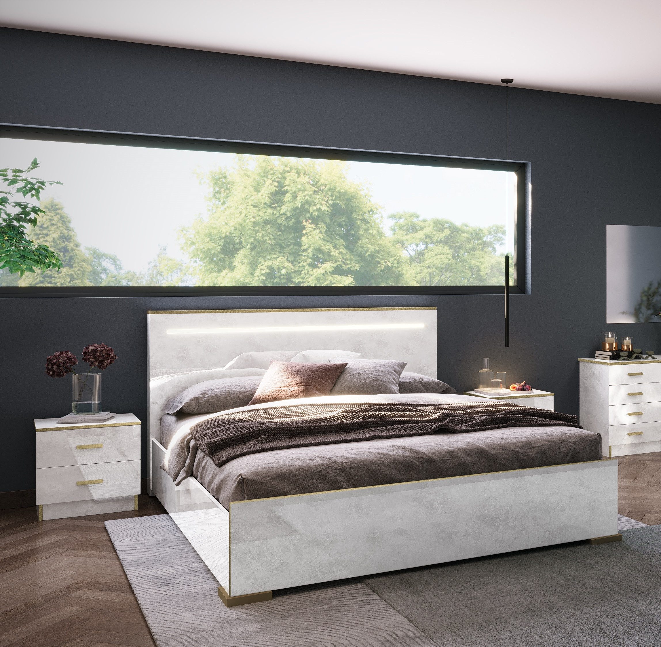 Interdesign24 Bett Noemi (160 x 200 cm, in Beige/Gold Hochglanz), Made in Italy