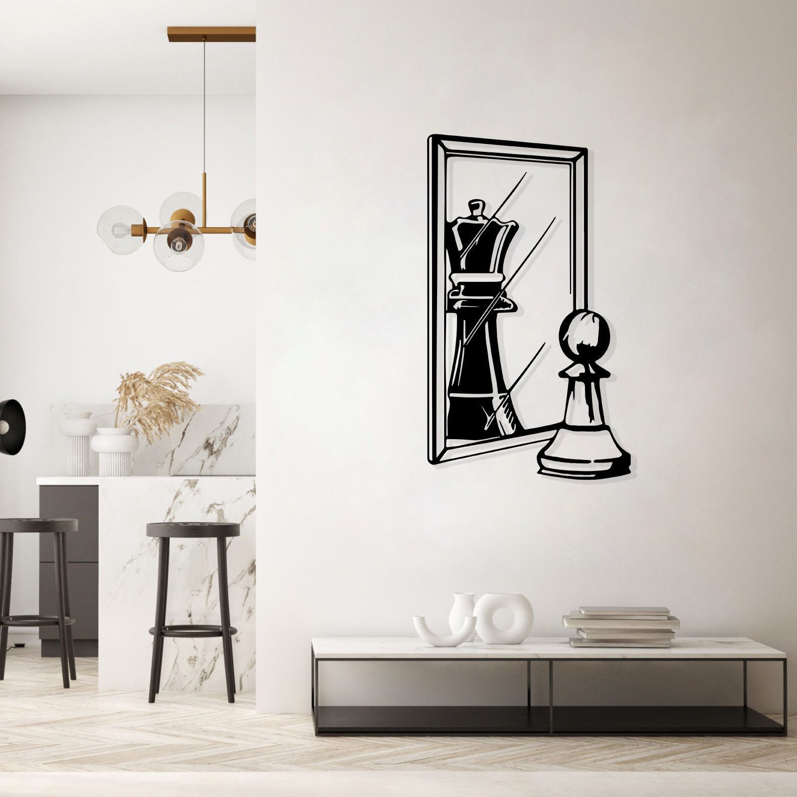 Jumpeak Wanddekoobjekt Wanddekoobjekt aus Metall mit Bauer, Spiegel und Königin, Schachkunst (deko, Wanddeko Metall groß, Wanddeko, Schachdekoration), Wachstum und Verwandlung,Schachdekoration,abstraktr Stil,Umzuggeschenk