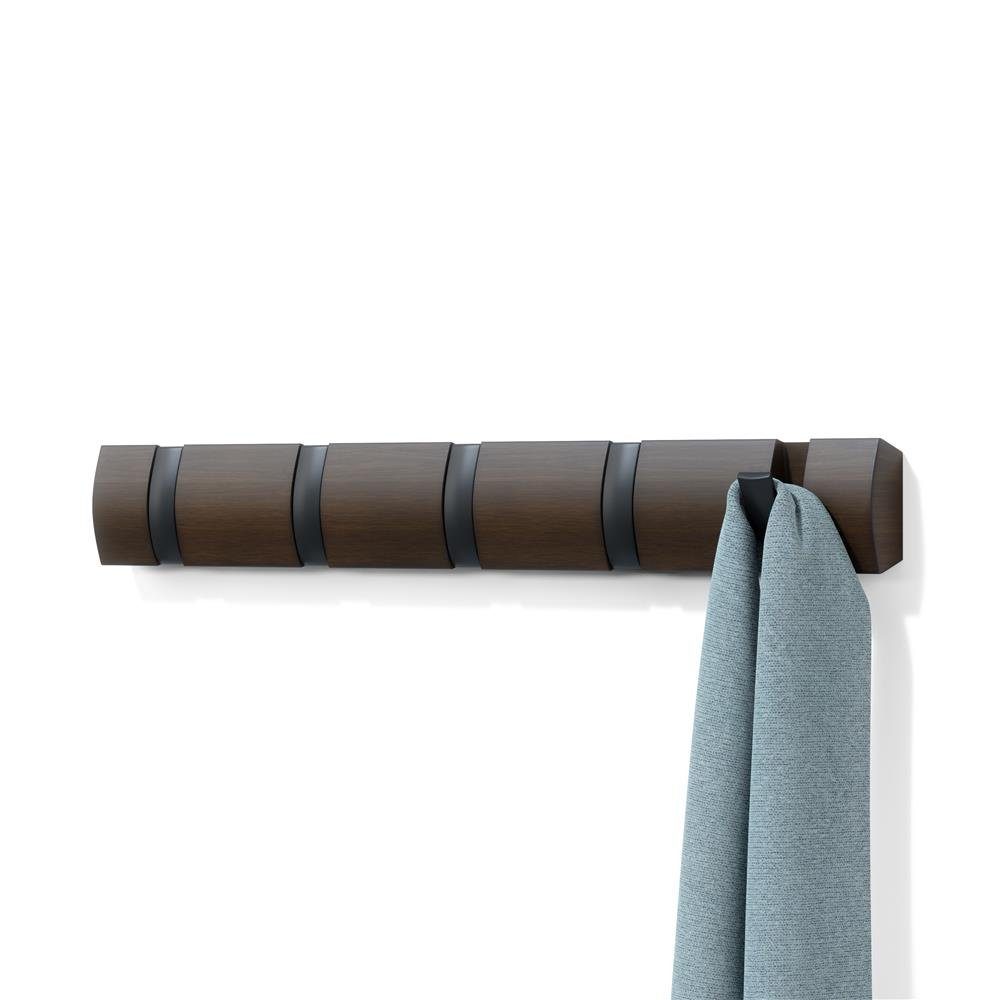 Umbra Garderobenhaken Flip 5, 5 bewegliche Haken, Braun, aus Holz, Garderobenleiste | Garderobenleisten