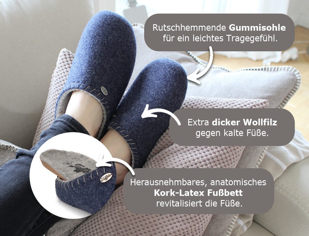 Tuffeln Filzpantoffeln Auszeit Hausschuh mit herausnehmbarem Korkfußbett