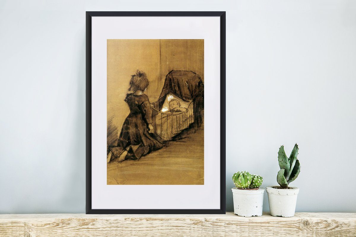 Poster, Schwarzem (1 einer Mädchen MuchoWow bei Vincent Gogh, Kunstdruck, mit Poster Rahmen, - St), Gerahmtes van Wiege kniend Bilderrahmen
