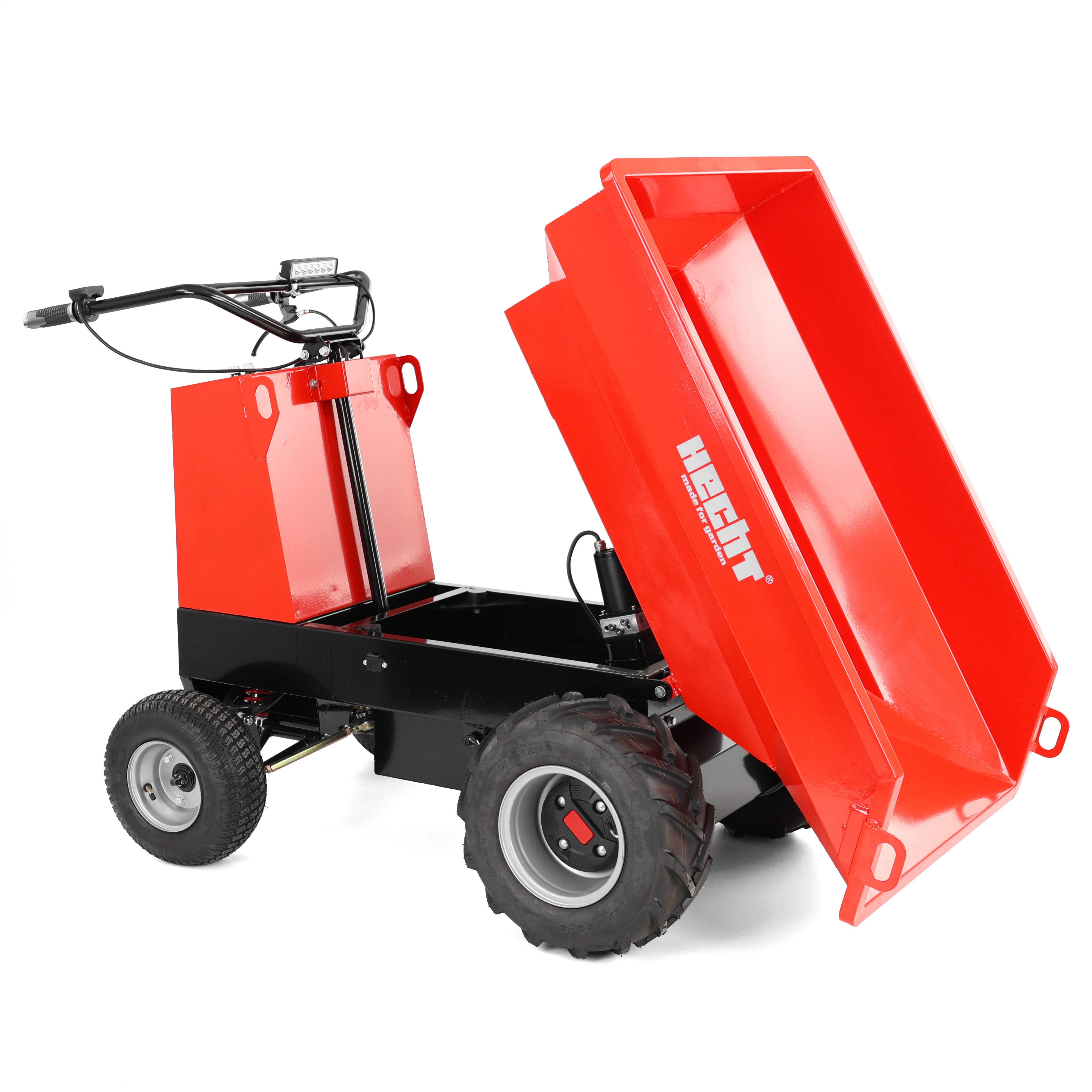 Hecht Dumper Akku Motorschubkarre 2625, Elektrohydraulische Kippung, bis 500kg, 48V, 3 - 6 km/h, 1000W, 112 × 68 × 36 cm Stahlmulde