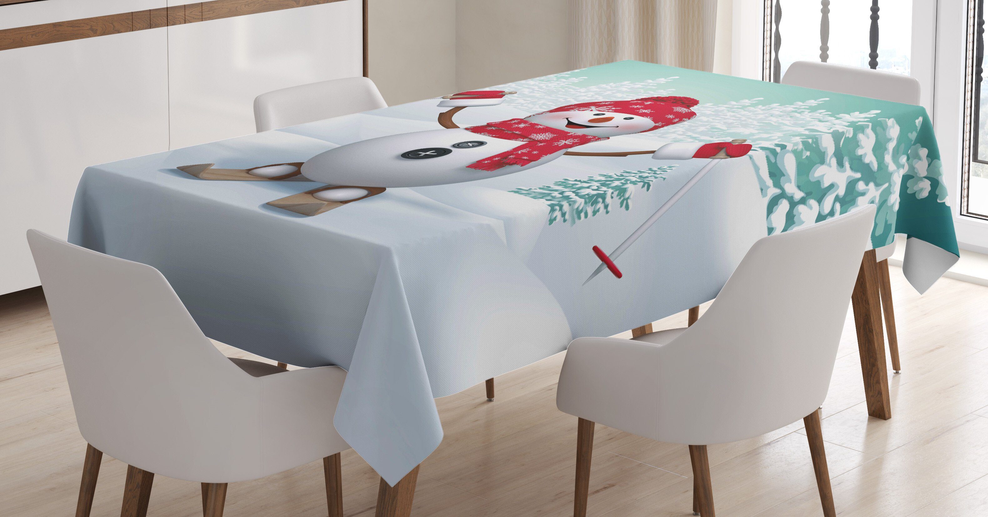 Abakuhaus Tischdecke Farbfest Waschbar Für den Außen Bereich geeignet Klare Farben, Weihnachten Skifahren-Schneemann-Bäume