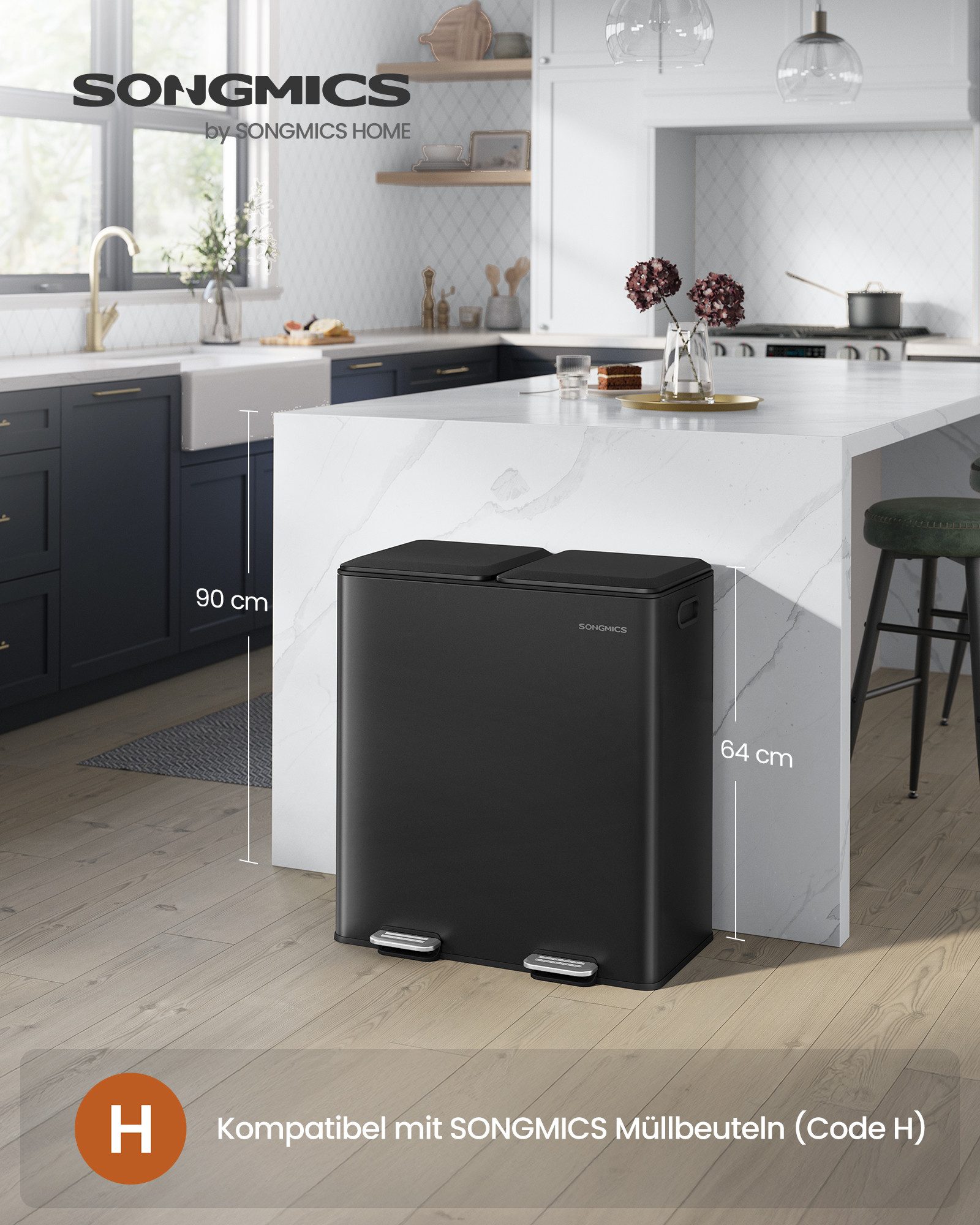 SONGMICS Mülleimer Integrierte Duftspender, Mülleimer Küche, 2 Fächer, Mülltrennsystem, Softclose, 2 x 30 L