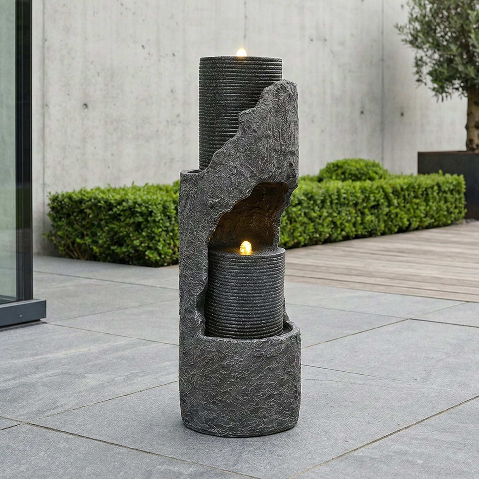 STILVORA Gartenbrunnen mit LED-Beleuchtung Wasserspiel mit Wasserpumpe und Zierbecken grau, 34,5 cm Breite, Zimmerbrunnen für Garten und Terrass