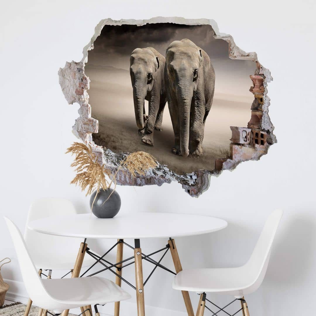 K&L Wall Art Wandtattoo 3D Wandtattoo Kinderzimmer Safari Tiere Wandsticker  Baby Elefanten, Mauerdurchbruch Wandbild selbstklebend