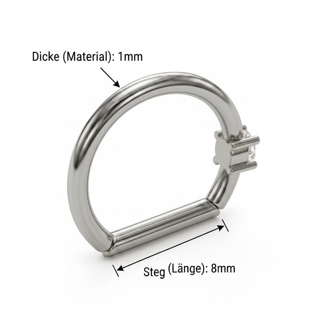 Karisma Schmuck Nasenpiercing D-Ring Edelstahl 18 Karat vergoldet / Silber – Clicker Ring, 8mm Steg mit Zirkonia Solitärstein (2,2mm)