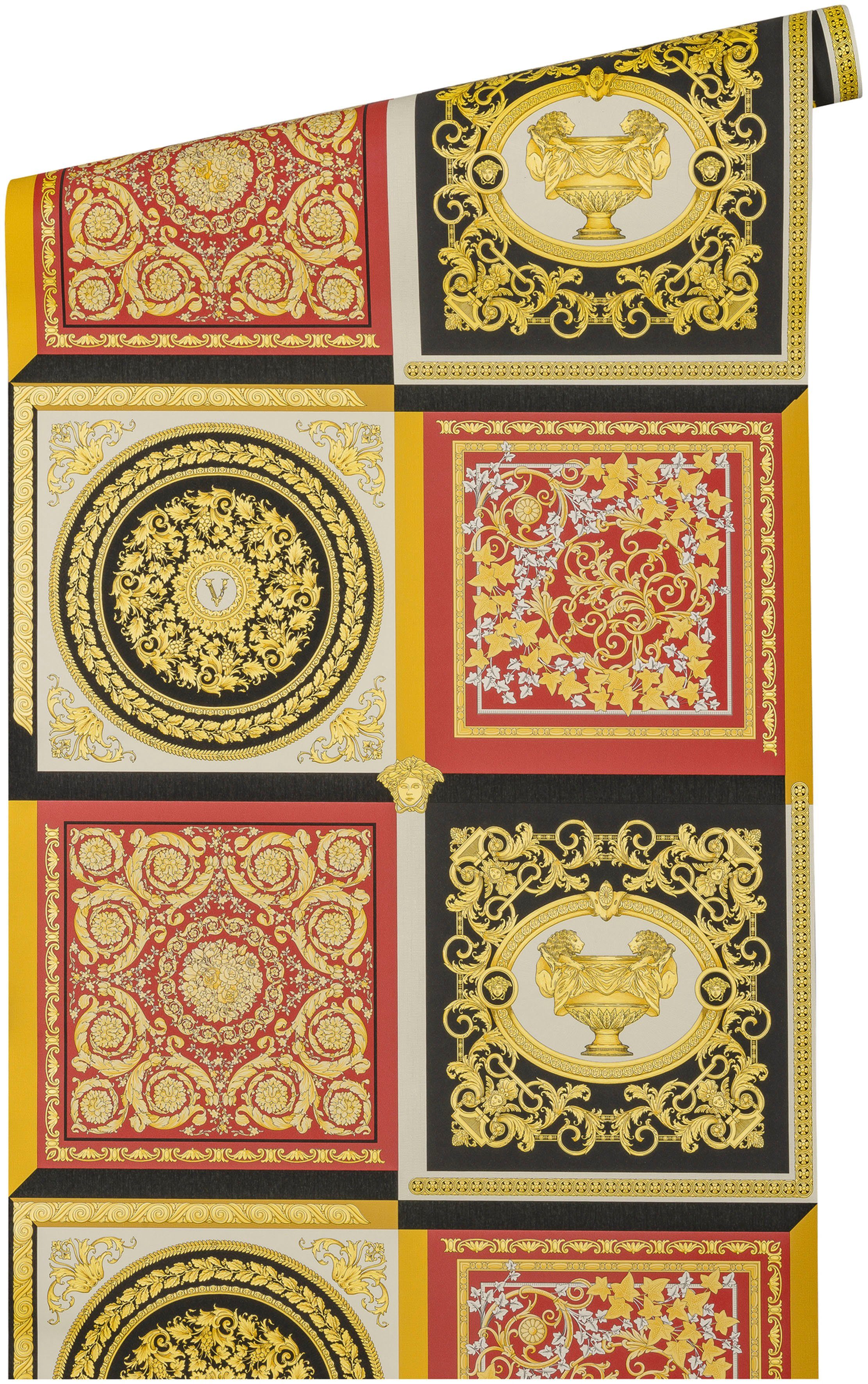 5 St), auffallende leicht Vliestapete Versace Design Versace Patchwork, strukturiert, Wallpaper Fliesen-Tapete (1 glänzend, leicht rot/goldfarben/weiß