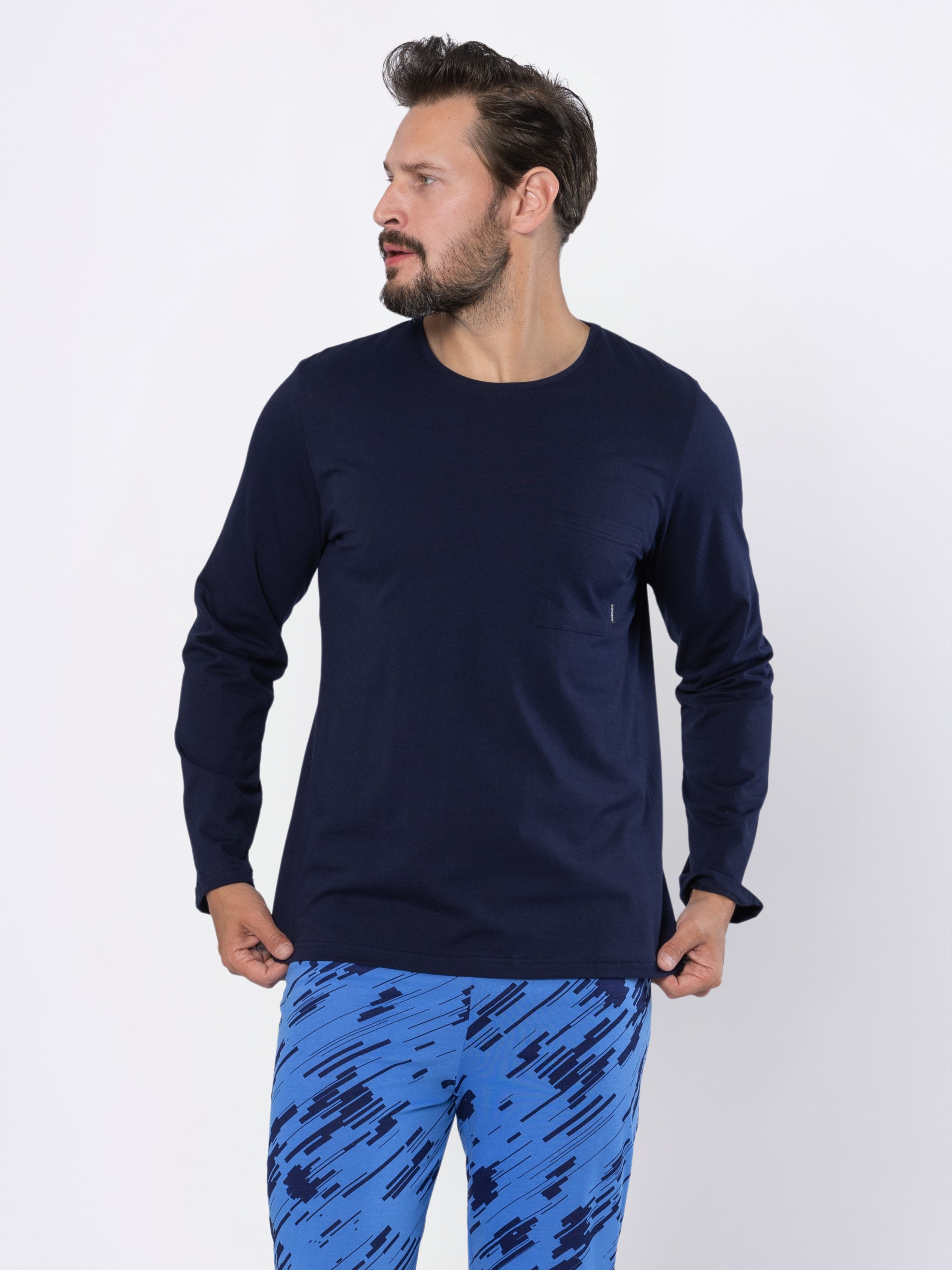 HOTBERG Pyjama Schlafanzug Herren lang (2 tlg) mit Print-Hose – Baumwolle Marine-Blau