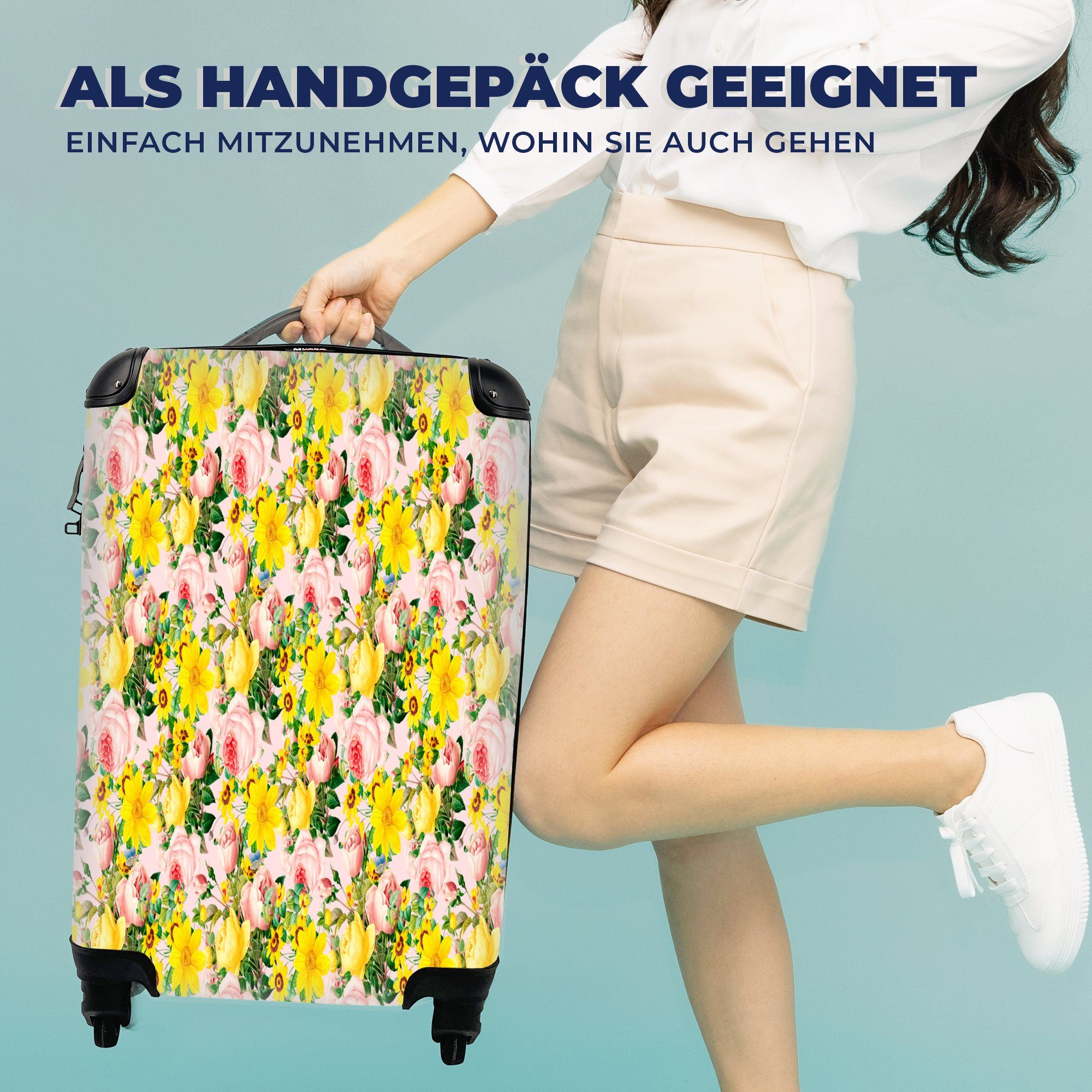 Ferien, Handgepäckkoffer Muster, Handgepäck Reisetasche Reisekoffer - Rosen mit Trolley, MuchoWow Rollen, Blumen - rollen, 4 für