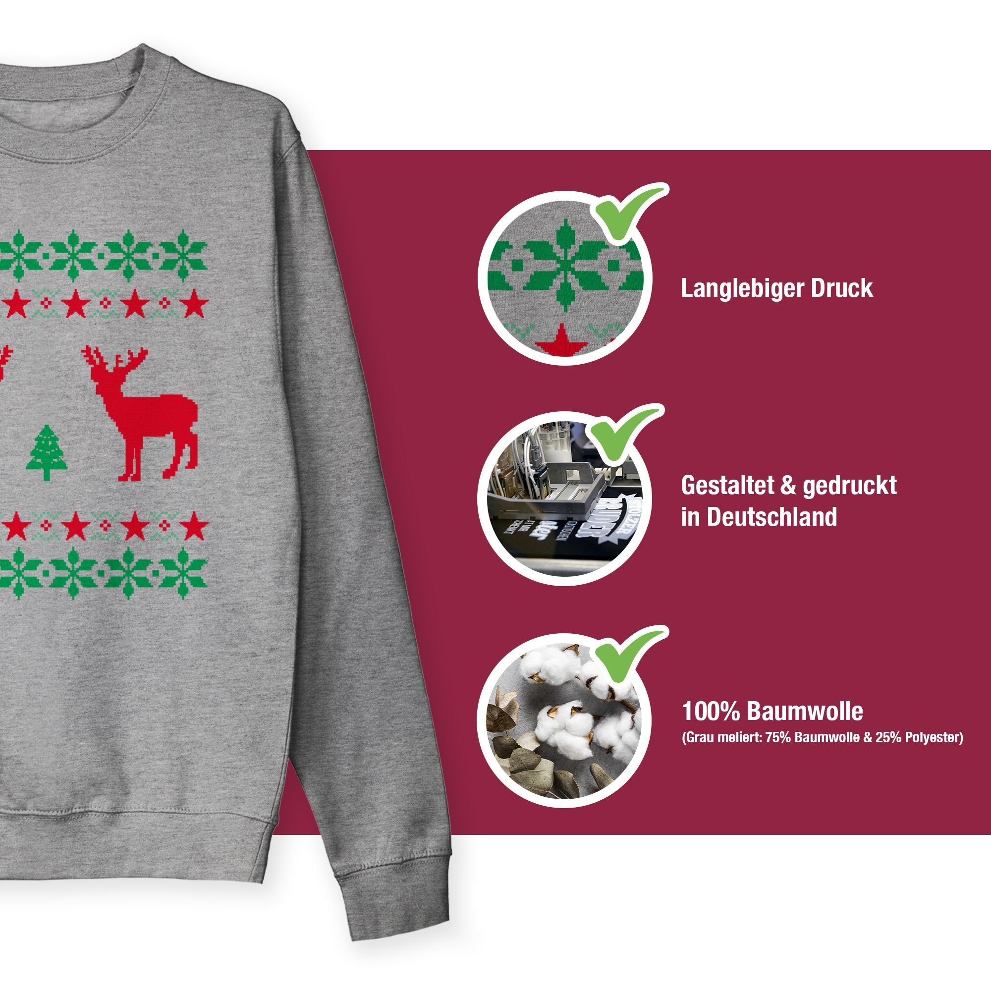 (1-tlg) 3 Norweger Grau Sweatshirt Shirtracer Pixel Weihnachten meliert Kleidung Rentier Weihachten