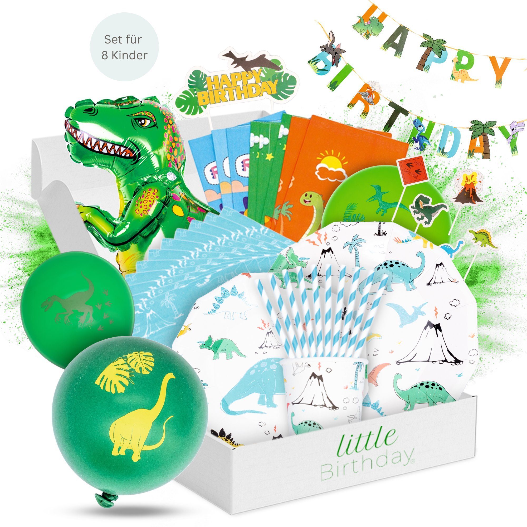 little Birthday Papierdekoration Dino Party Set für Geburtstag, Partygeschirr, Надувные шарики, ALLES, für 8 Kinder, 133 Teile aus einem Set