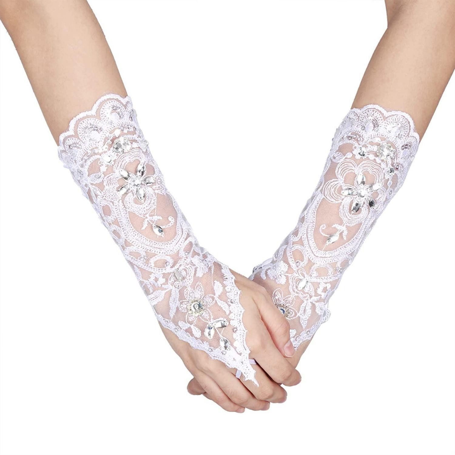 LuxusKollektion Abendhandschuhe Spitzen Handschuhe Damen Fingerlos Weiss (1-St)