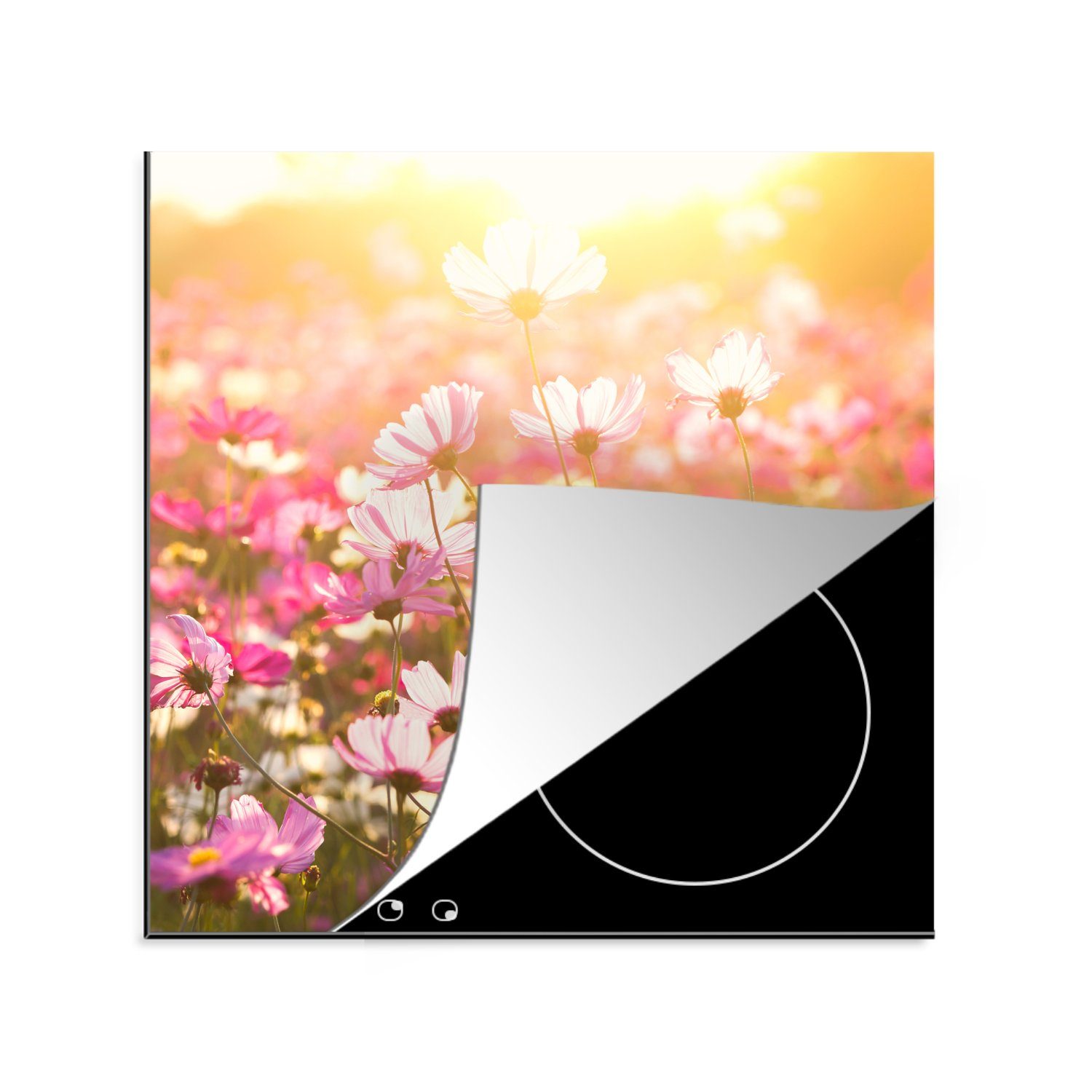 MuchoWow Herdblende-/Abdeckplatte Sonnenuntergang - Blumen - Rosa, Vinyl, (1 tlg), 78x78 cm, Ceranfeldabdeckung, Arbeitsplatte für küche