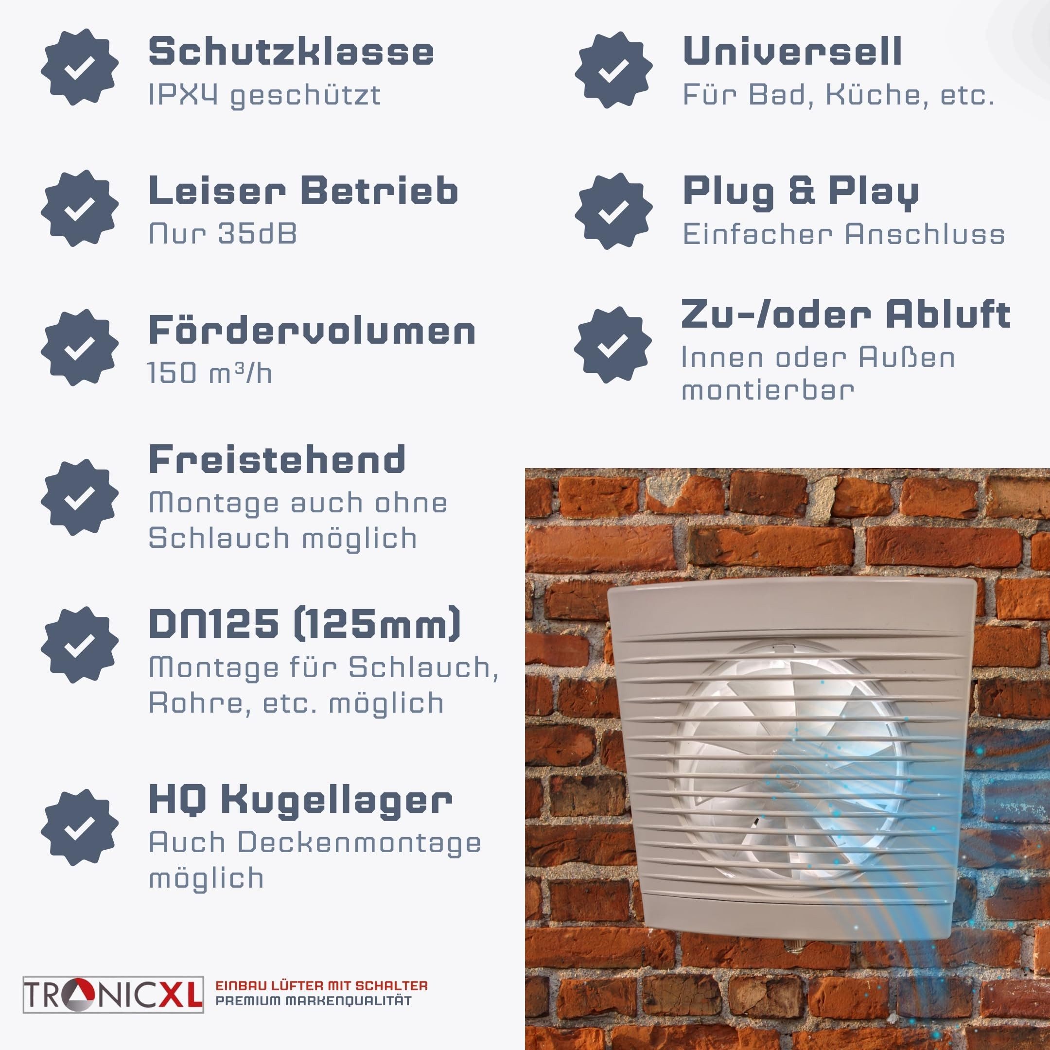TronicXL Wandventilator 230V Badlüfter Schalter IPX4 125mm Lüfter Ventilato günstig online kaufen