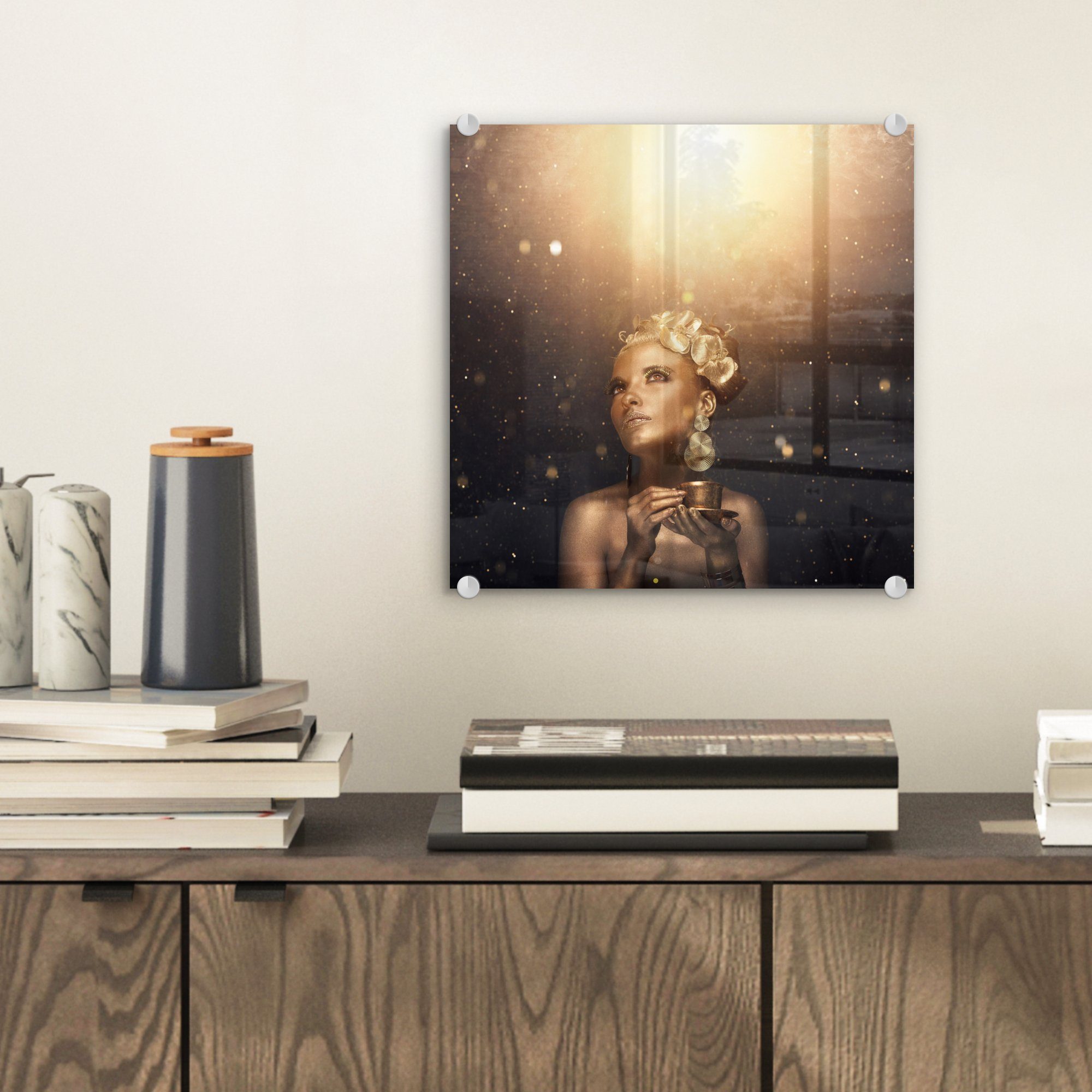 St), (1 - Bilder mit Glas goldener Frau Wandbild - Foto MuchoWow Wanddekoration Acrylglasbild Glasbilder auf Glas auf - Körperbemalung,