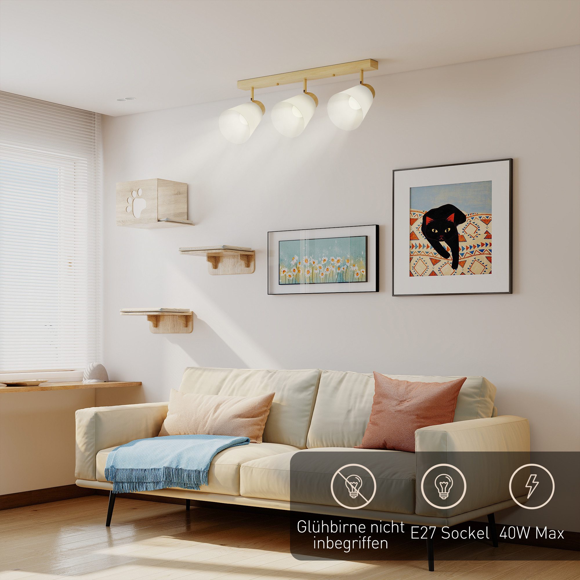 HOMCOM Deckenleuchte LED 40W 3-flammige Deckenlampe, Doppelmontage, verstellbare Köpfe, ohne Leuchtmittel, für Schlafzimmer, Wohnzimmer, Naturholz – Bild 5 von 5