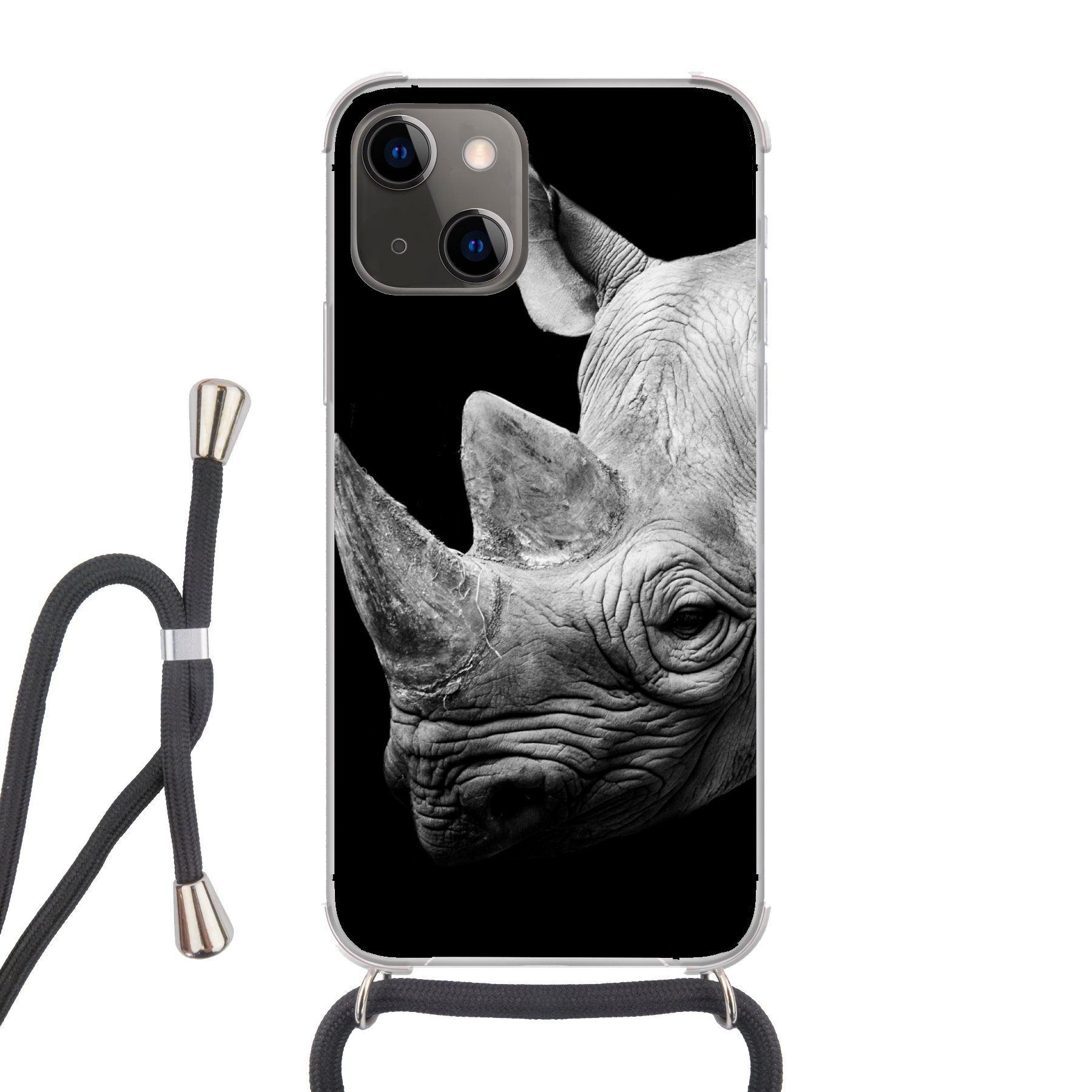 MuchoWow Handyhülle für Apple iPhone 13 Mini Tiere - Nashorn - Schwarz - Weiß - Porträt, Tragbare Handyhüllen mit Kette zum umhängen, Handykette Handyband
