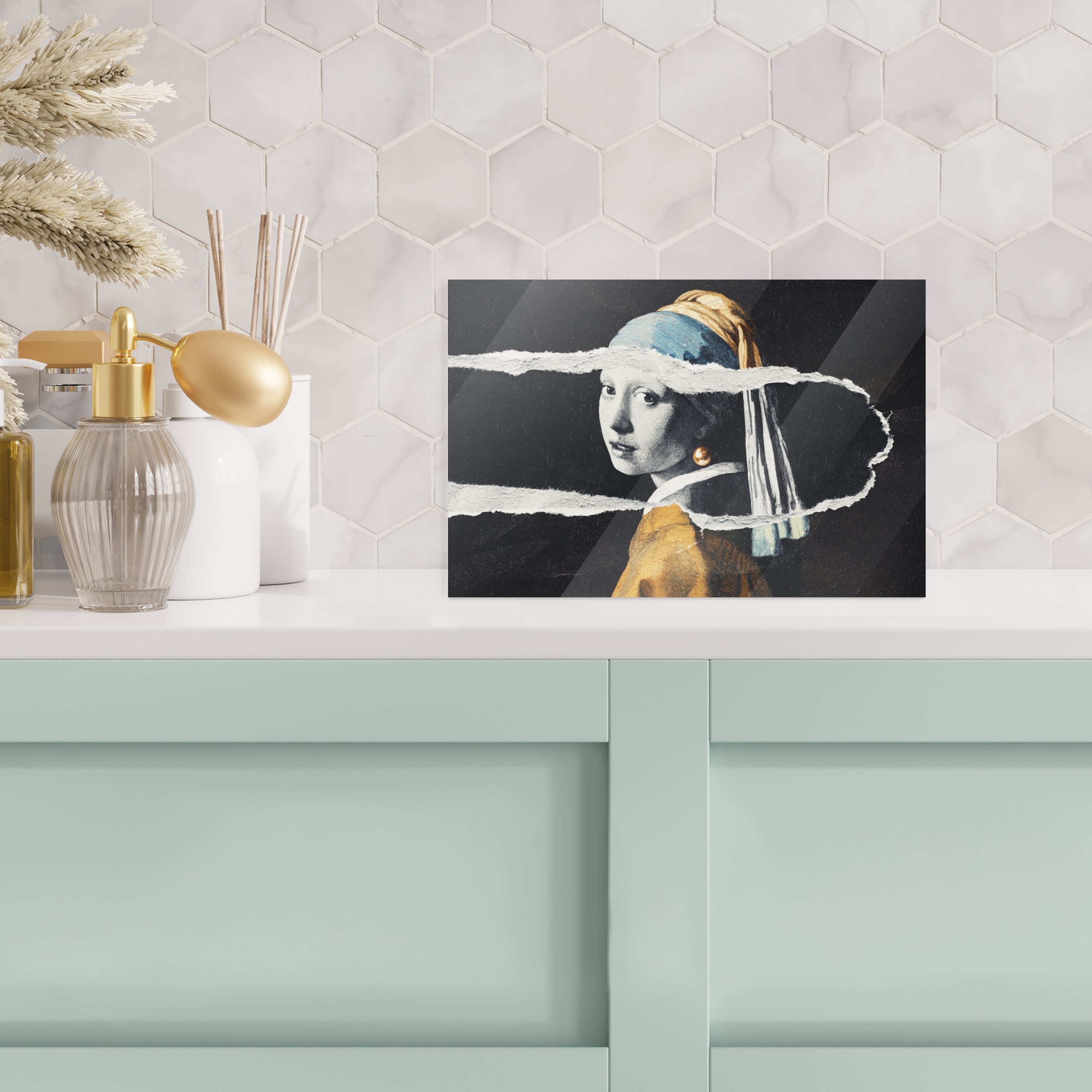- Wanddekoration - Foto Glas auf Glasbilder Schwarz (1 St), Mädchen Wandbild - MuchoWow - - Glas auf Gold mit Acrylglasbild Vermeer - Weiß, Bilder Perlenohrring -