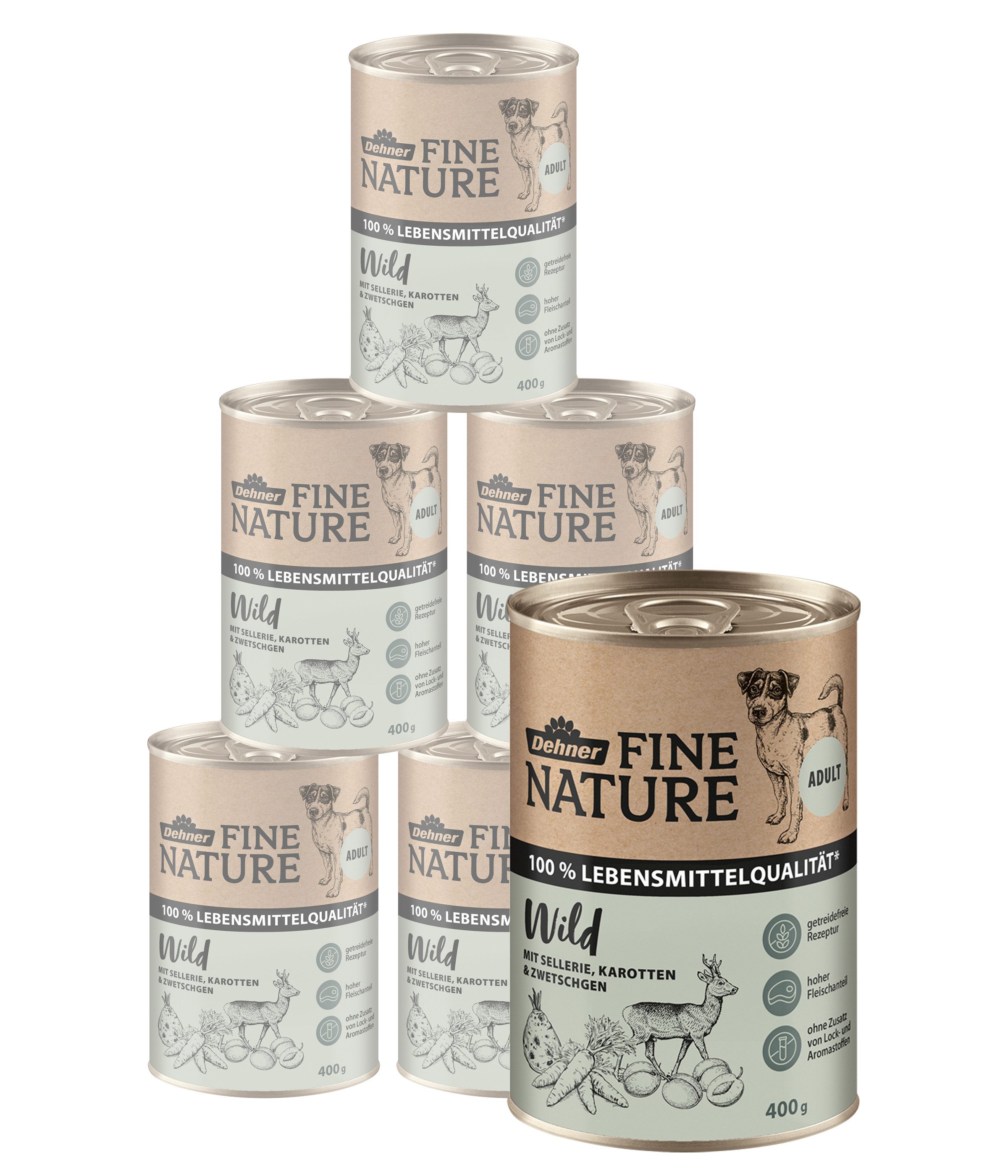 Dehner Fine Nature Adult Wild, 6 x 200 g / 400 g / 800 g Dose, getreidefrei Wild, 2400g, Nassfutter für ausgewachsene Hunde, Lebensmittelqualität