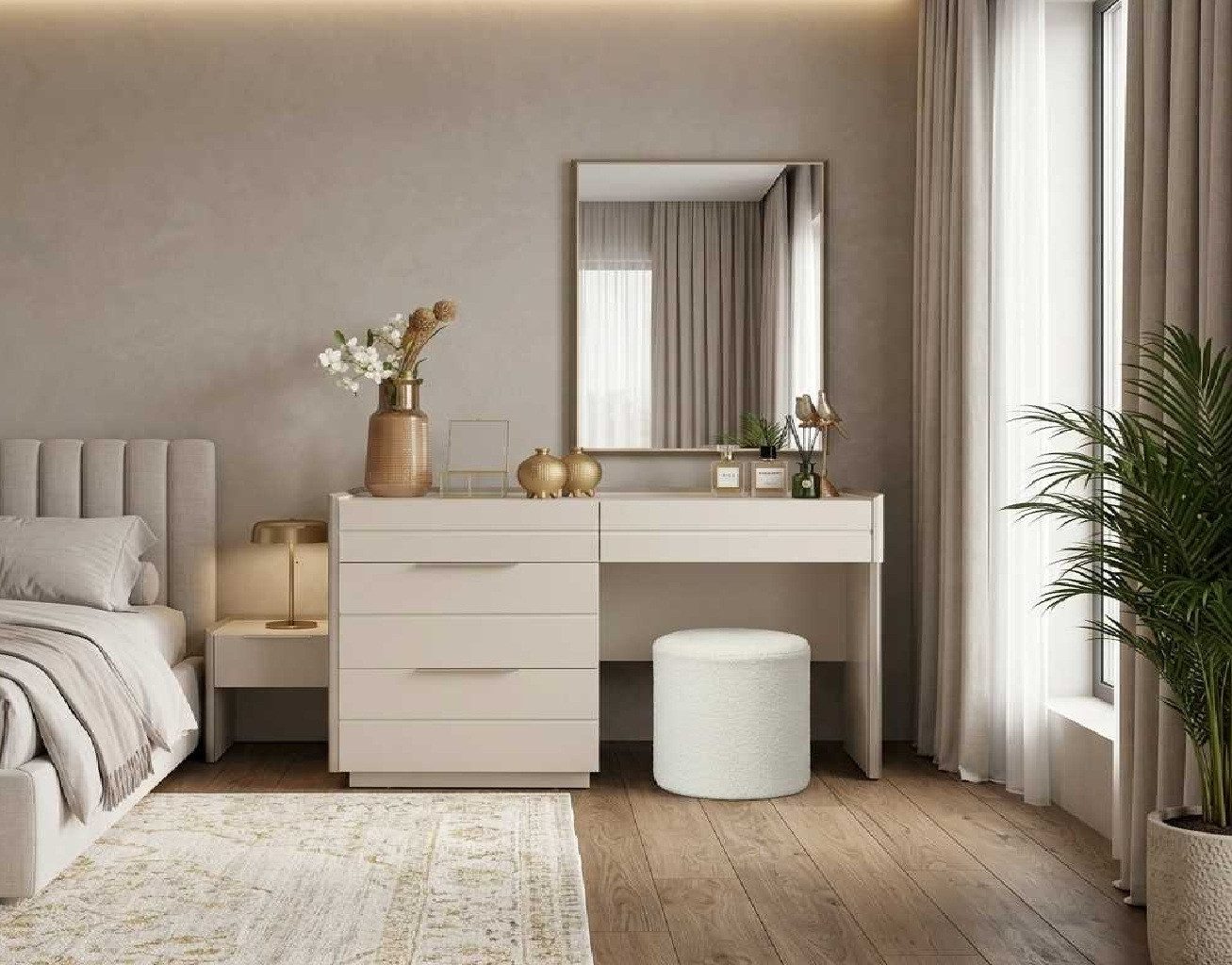 JVmoebel Schminktisch Schminktisch Set Beige Modern Luxus Frisiertisch Spiegel Hocker (3-St., 3-tlg)