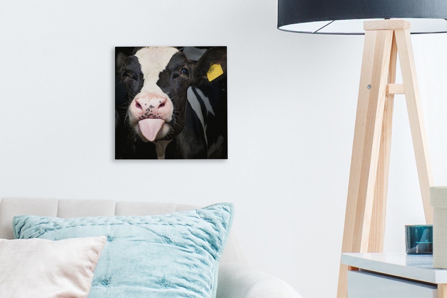 OneMillionCanvasses® Leinwand (1 Wohnzimmer Kuh bunt Zunge, Schlafzimmer Bilder - Kalb - St), für Leinwandbild