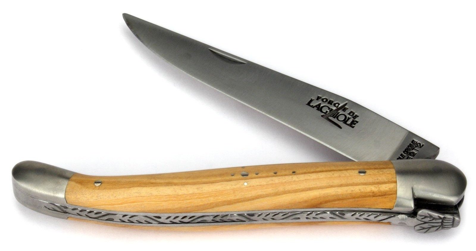 Forge de Laguiole Taschenmesser 1212 IN OL SAT, Griff 12cm Olivenholz - Feder verziert - Klinge Backen Stahl satiniert