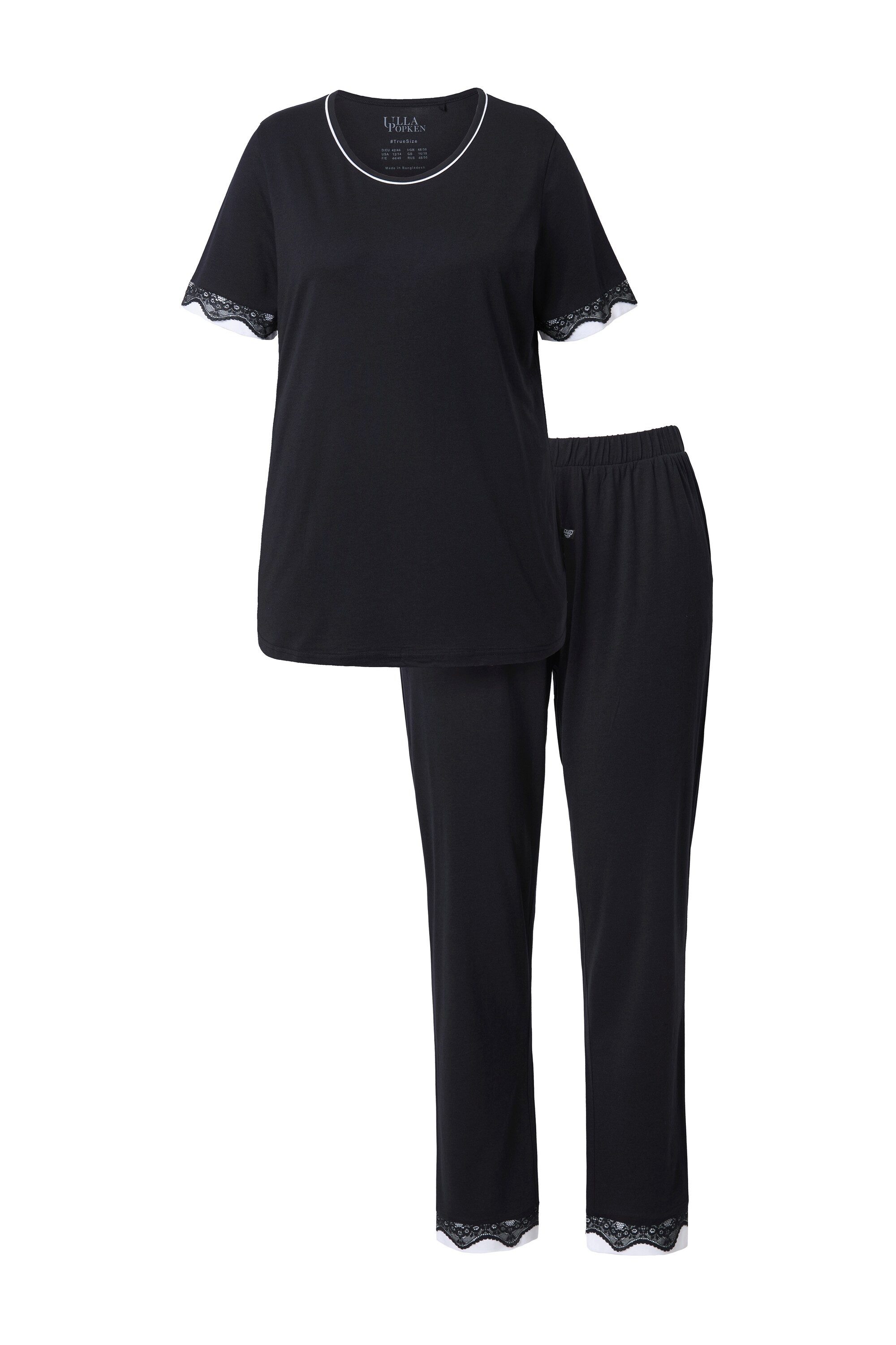 Ulla Popken Pyjama Schlafanzug Spitzenkanten Rundhals günstig online kaufen
