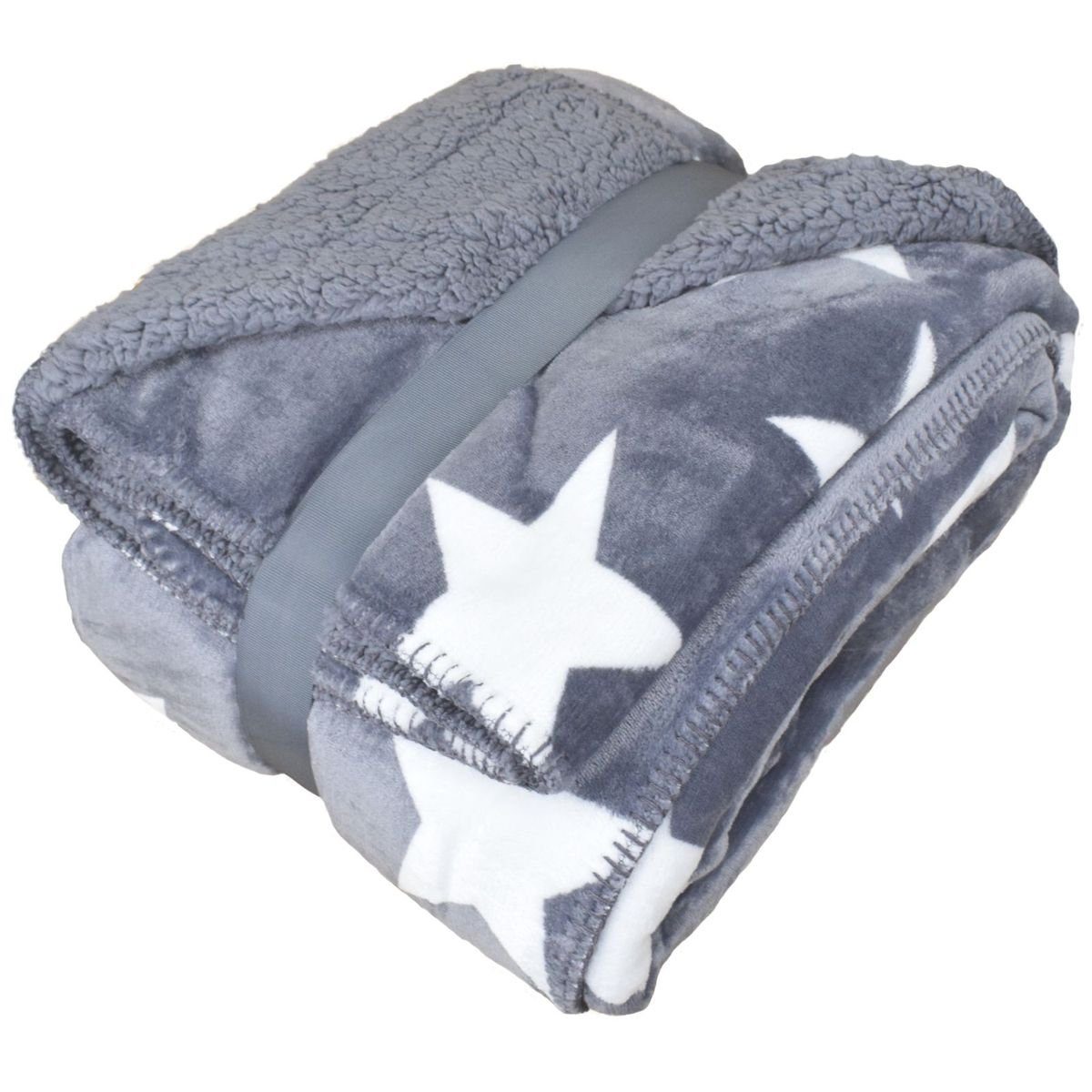 Wohndecke Kuscheldecke mit Flanell und Sherpa 150x200cm mit Sternen in 3 Farben, Marabellas Shop, Flanell und Sherpa