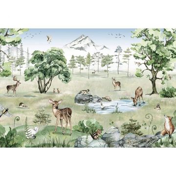 K&L Wall Art Fototapete Fototapete Baby Kinderzimmer Vliestapete Waldtiere Reh Hirsch Natur Wald, große XXL Motivtapete