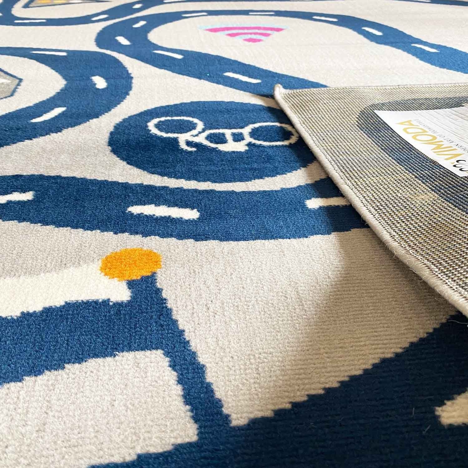 Vimoda Kinderteppich Mondol, Teppich Kinderzimmer mit Auto, Strasse Muster, Rechteckig, Höhe: 8 mm, Spielteppich für kinder, Auto und Straße Muster in Blau & Grau
