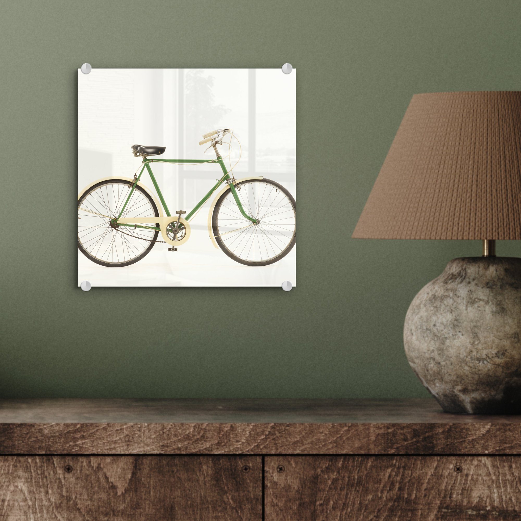MuchoWow Acrylglasbild Ein grünes einzigartiges auf auf Wanddekoration Bilder Glas Wandbild - Fahrrad, Glasbilder Glas Foto St), (1 - 
