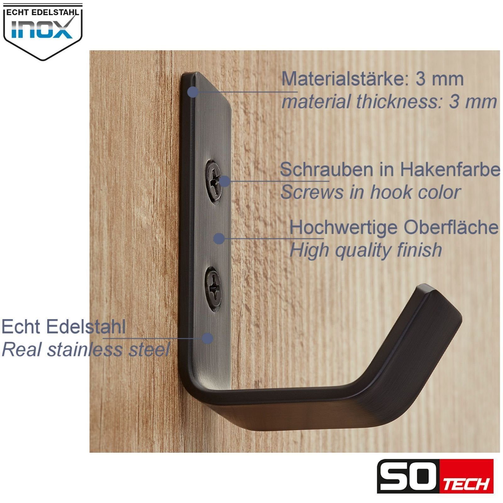 SO-TECH® Kleiderhaken Wandhaken, aus Edelstahl, 60 x 20 x 45 mm, (1-St), kleiner Jackenhaken mit abgerundeten Kanten schwarz