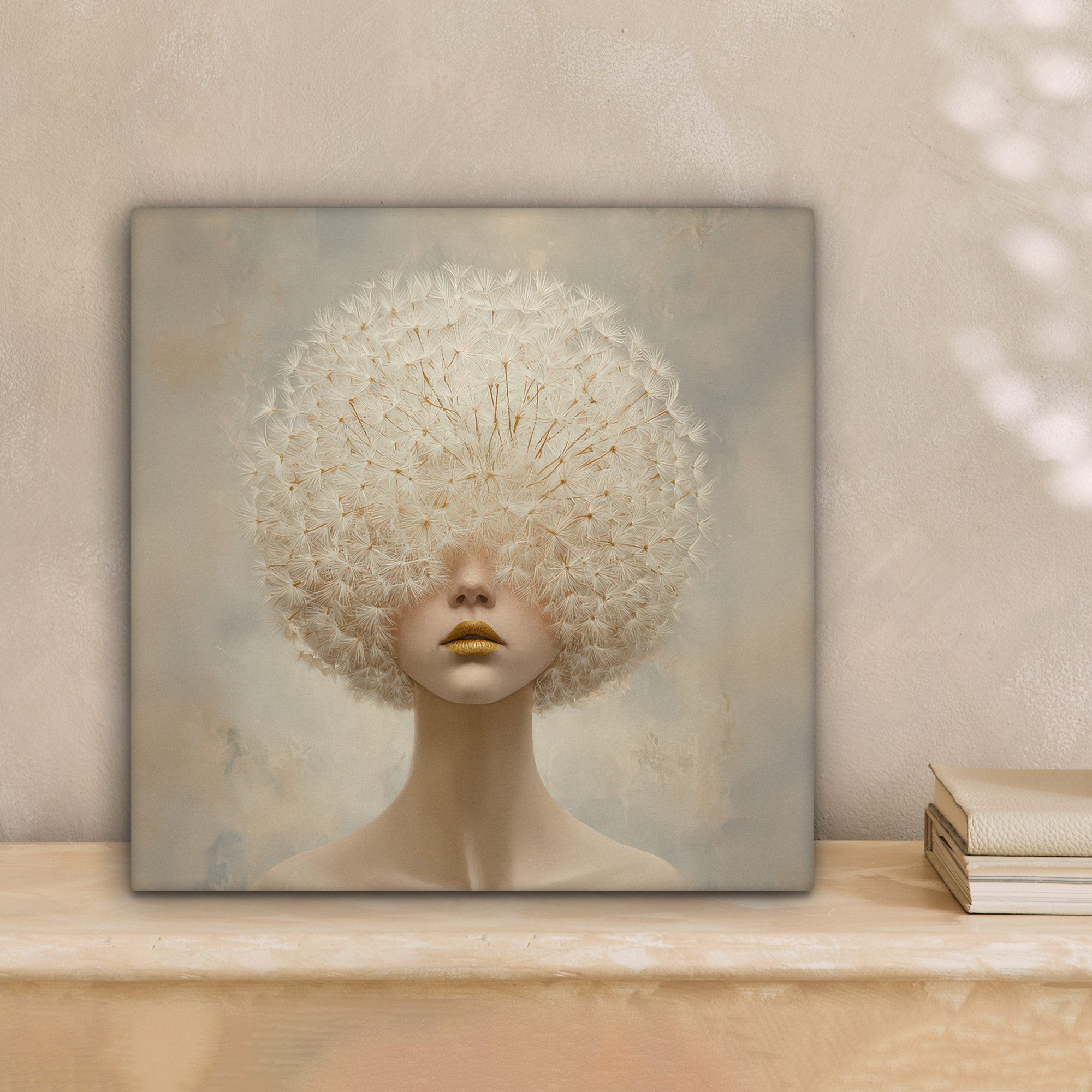 OneMillionCanvasses® Leinwandbild Dreamy - Beige - Löwenzahnsamen, Fotodruck (1 St), Wandbild, Deko Schlafzimmer Wohnzimmer Flur 20x20 cm