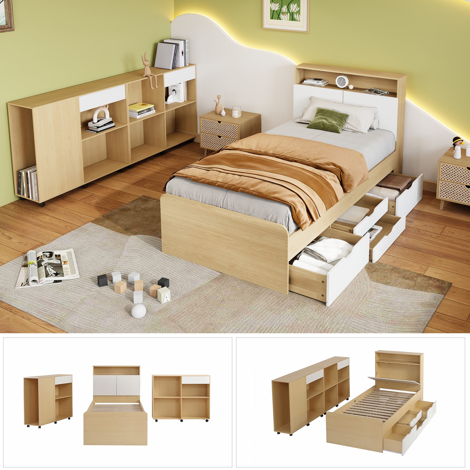 DOPWii Jugendzimmer-Set Jugendzimmer-Set,Einzelbett + Schränke,Paneel bett mit 4 Schubladen, 90x200cm,2 Schränke mit Rollen am Boden,Komplettschlafzimmer