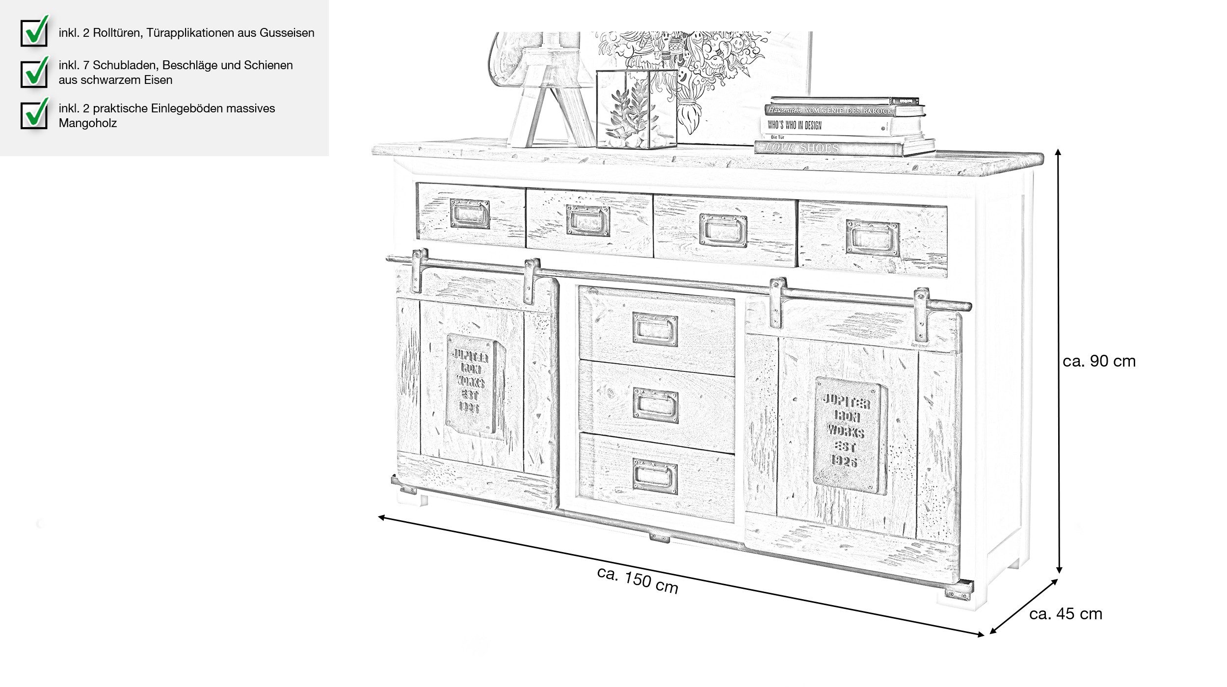 Massivart® Sideboard EMANUEL 150 cm / Massivholz Mango weiß / 2 Rolltüren, Türapplikation aus Gusseisen / Beschläge und Schienen aus Eisen
