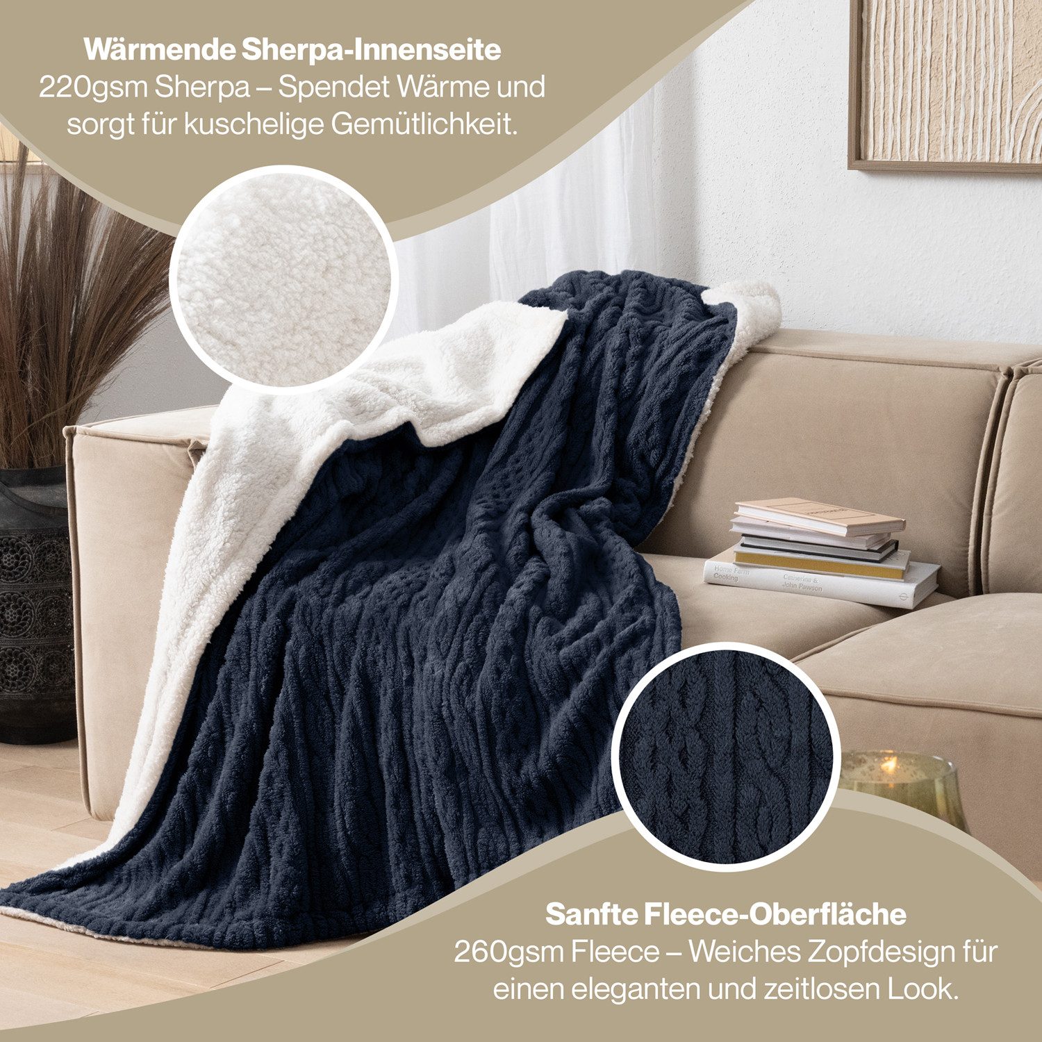 Wohndecke Oeko-TEX zertifizierte waschbare Wohn- & Kuscheldecke, Blumtal, mit weicher Sherpa-Innenseite – Bild 5 von 5