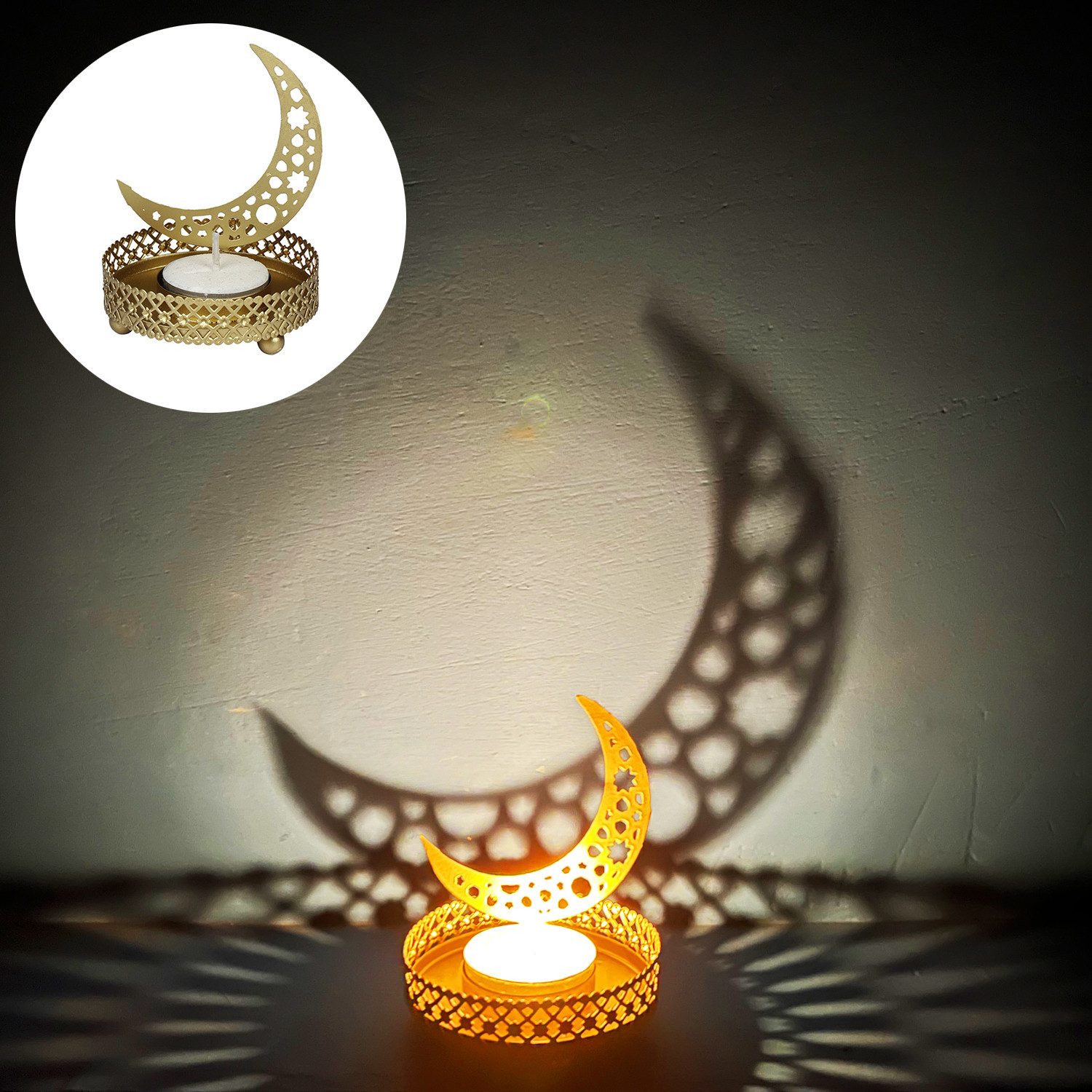 Marrakesch Orient & Mediterran Interior Teelichthalter Teelichthalter Mond 8cm Gold aus Metall Ramadan (1 St), Handarbeit