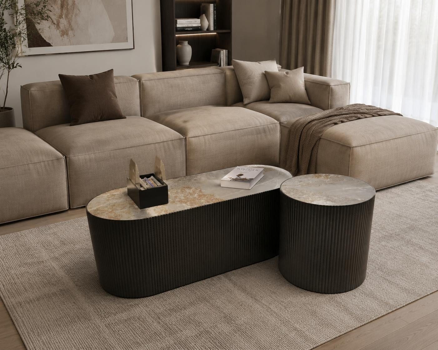 JVmoebel Couchtisch Couchtisch Set Oval Rund Marmoroptik Geriffelt Schwarz 2er Set, Made in Europa
