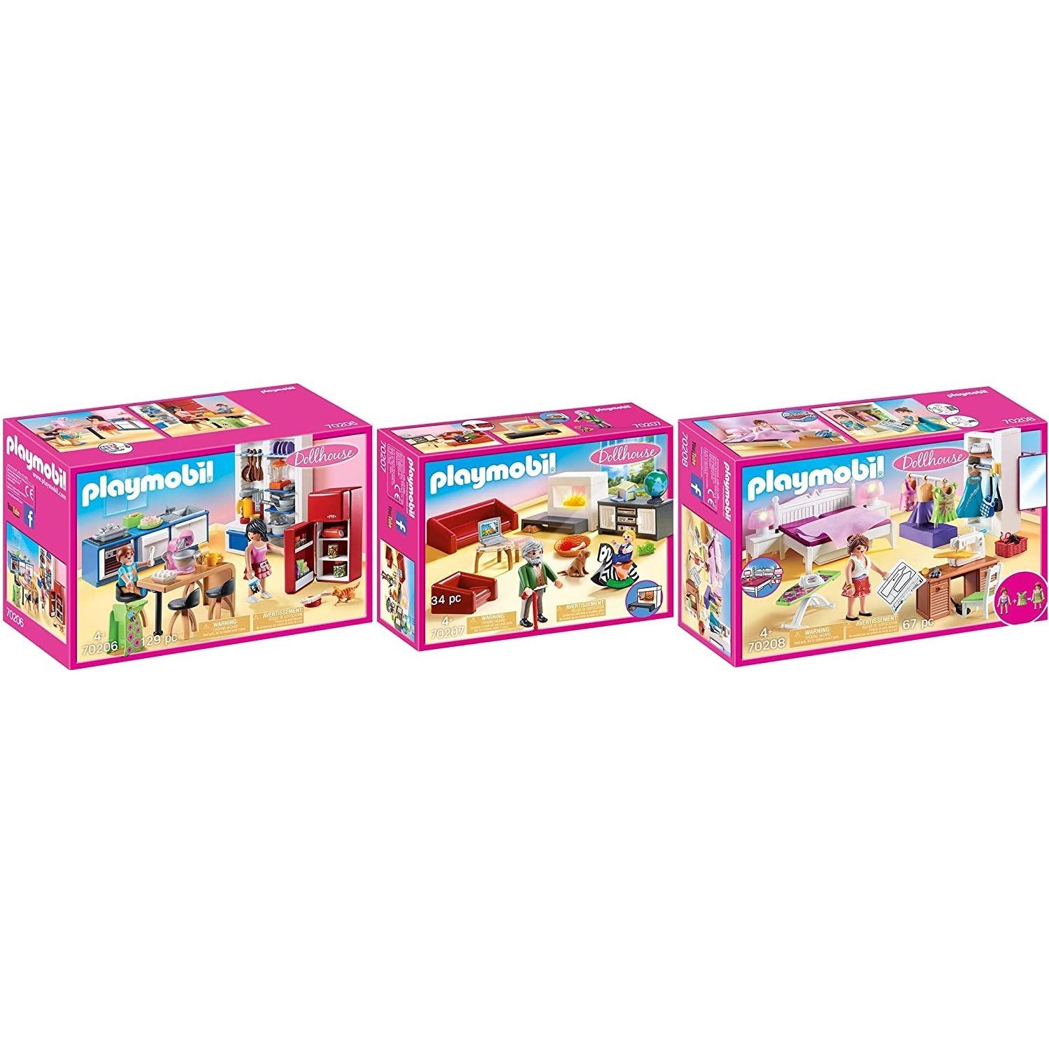 Playmobil® 70206-07-08 Dollhouse 3er Set Küche + Wohnzimmer + Konstruktions-Spielset