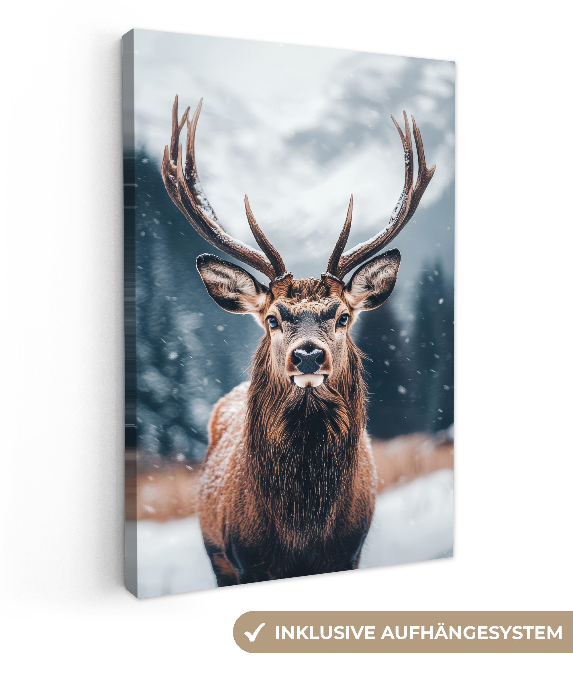 OneMillionCanvasses® Leinwandbild Hirsche - Tiere - Landschaft - Winter - S günstig online kaufen