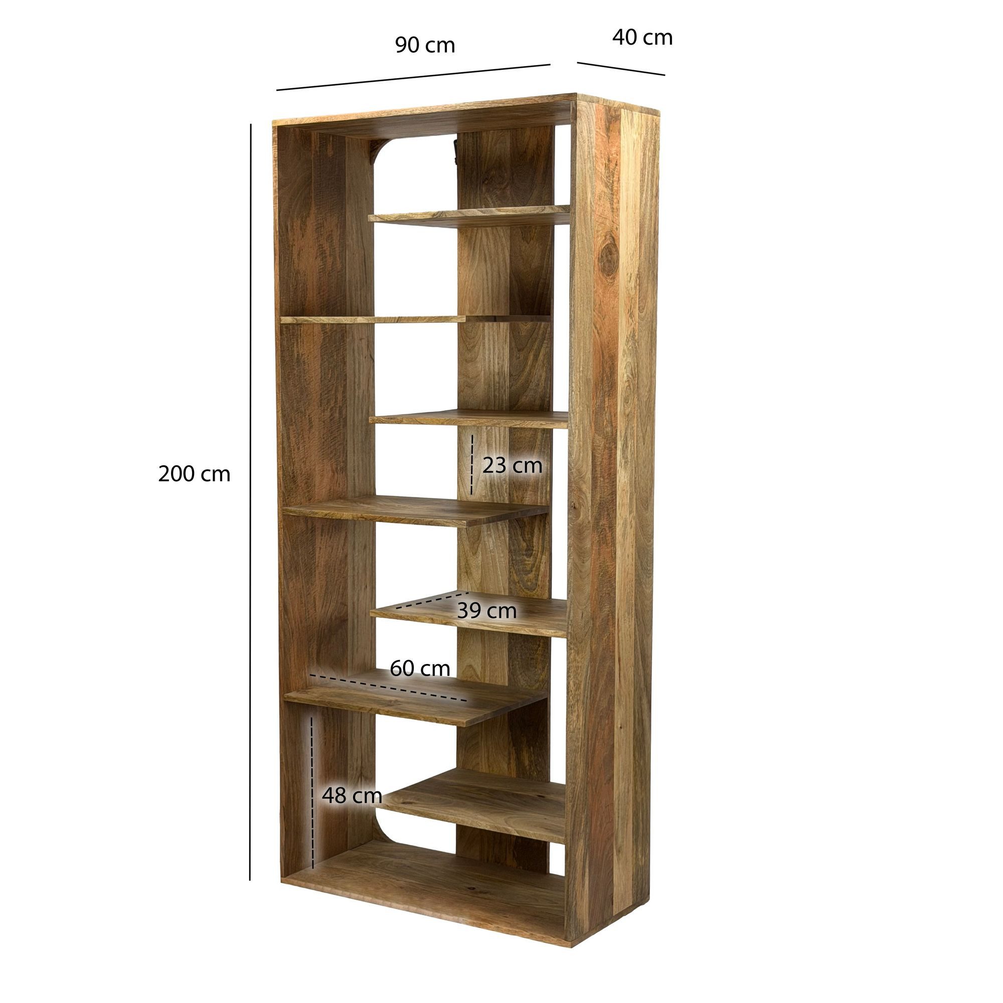 FINEBUY Bücherregal FB115162 Standregal 200cm Massivholz Stauraumregal Wohnregal Dekoregal, Klare Linien mit architektonischem Charakter, Natürliche Holzmaserung als Blickfang